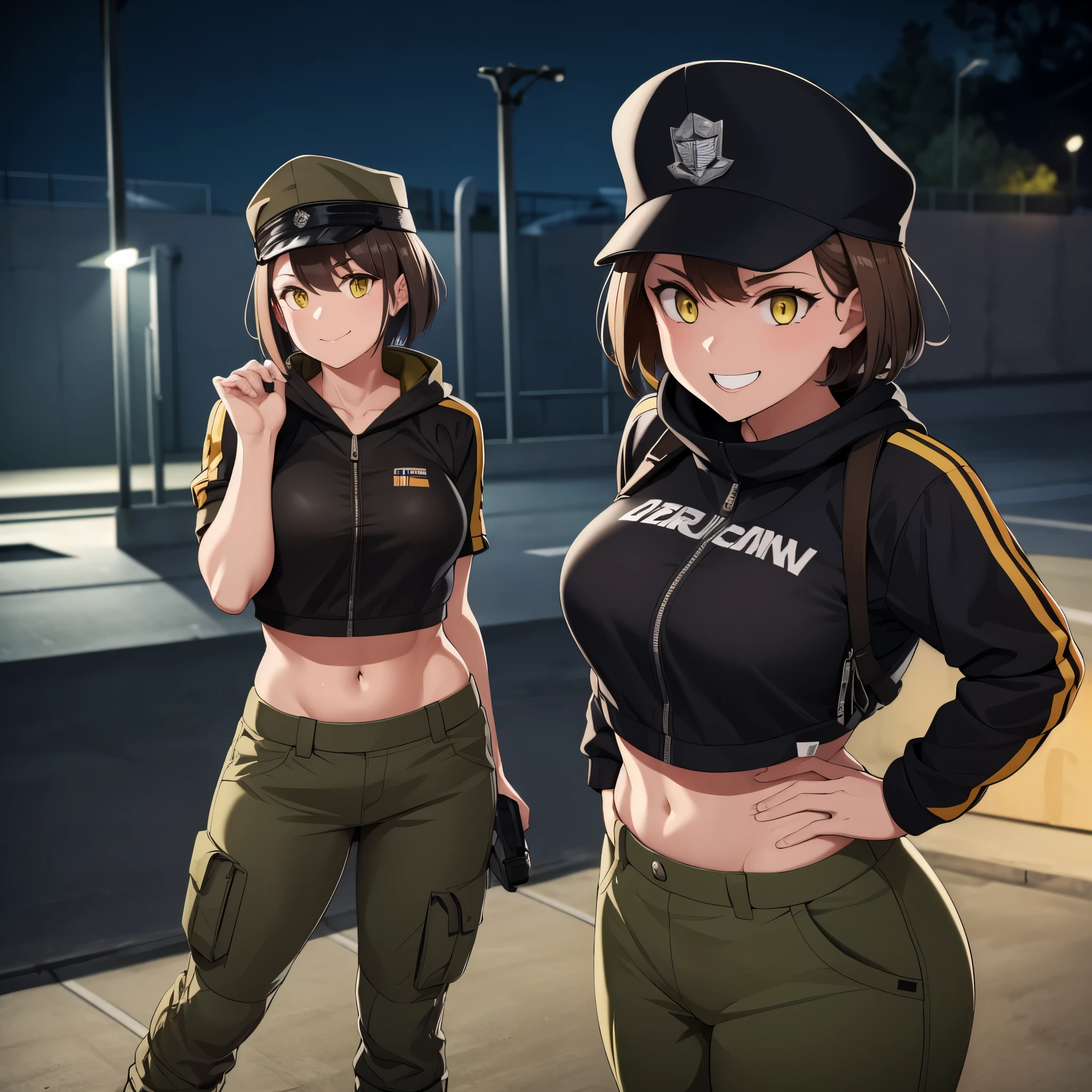 A woman wearing an American sports cap, army pants, wearing a black cap, short brown hair, yellow eyes, in a skate park, at night, lighting, smiling,HDR, ultra resolution, well defined, masterpiece, 8K HD.
