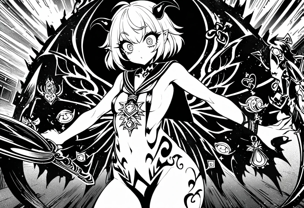 (Black and white Anime Line Art),(black and white), (extreme complexity, two subjects unique and individual) (subject 1:A sexy Demonette (demon, big breasts, no hair many small horns instead, demon eyes, leathery wings, many fierce evil body tattoos, small evil costume, looks unhinged, wielding a evil sword)) is challenging a (subject 2: Japanese Ninja woman (big butt, small breasts, sailor school outfit with mystic trinkets, short hair, big eyes, calm and composed)), set in a high school building