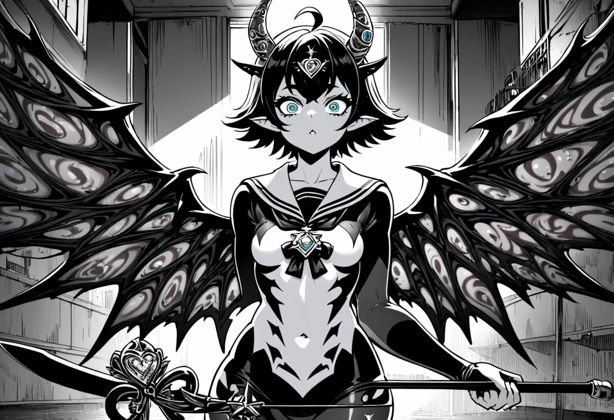 (Black and white Anime Line Art),(black and white), (extreme complexity, two subjects unique and individual) (subject 1:A sexy Demonette (demon, big breasts, no hair many small horns instead, demon eyes, leathery wings, many fierce evil body tattoos, small evil costume, looks unhinged, wielding a evil sword)) is challenging a (subject 2: Japanese Ninja woman (big butt, small breasts, sailor school outfit with mystic trinkets, short hair, big eyes, calm and composed)), set in a high school building
