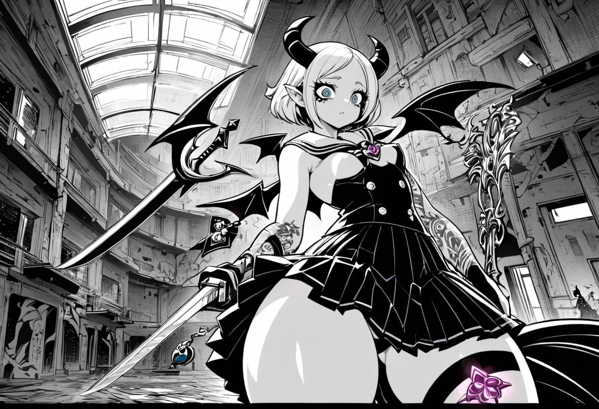 (Black and white Anime Line Art),(black and white), (extreme complexity, two subjects unique and individual) (subject 1:A sexy Demonette (demon, big breasts, no hair many small horns instead, demon eyes, leathery wings, many fierce evil body tattoos, small evil costume, looks unhinged, wielding a evil sword)) is challenging a (subject 2: Japanese Ninja woman (big butt, small breasts, sailor school outfit with mystic trinkets, short hair, big eyes, calm and composed)), set in a high school building