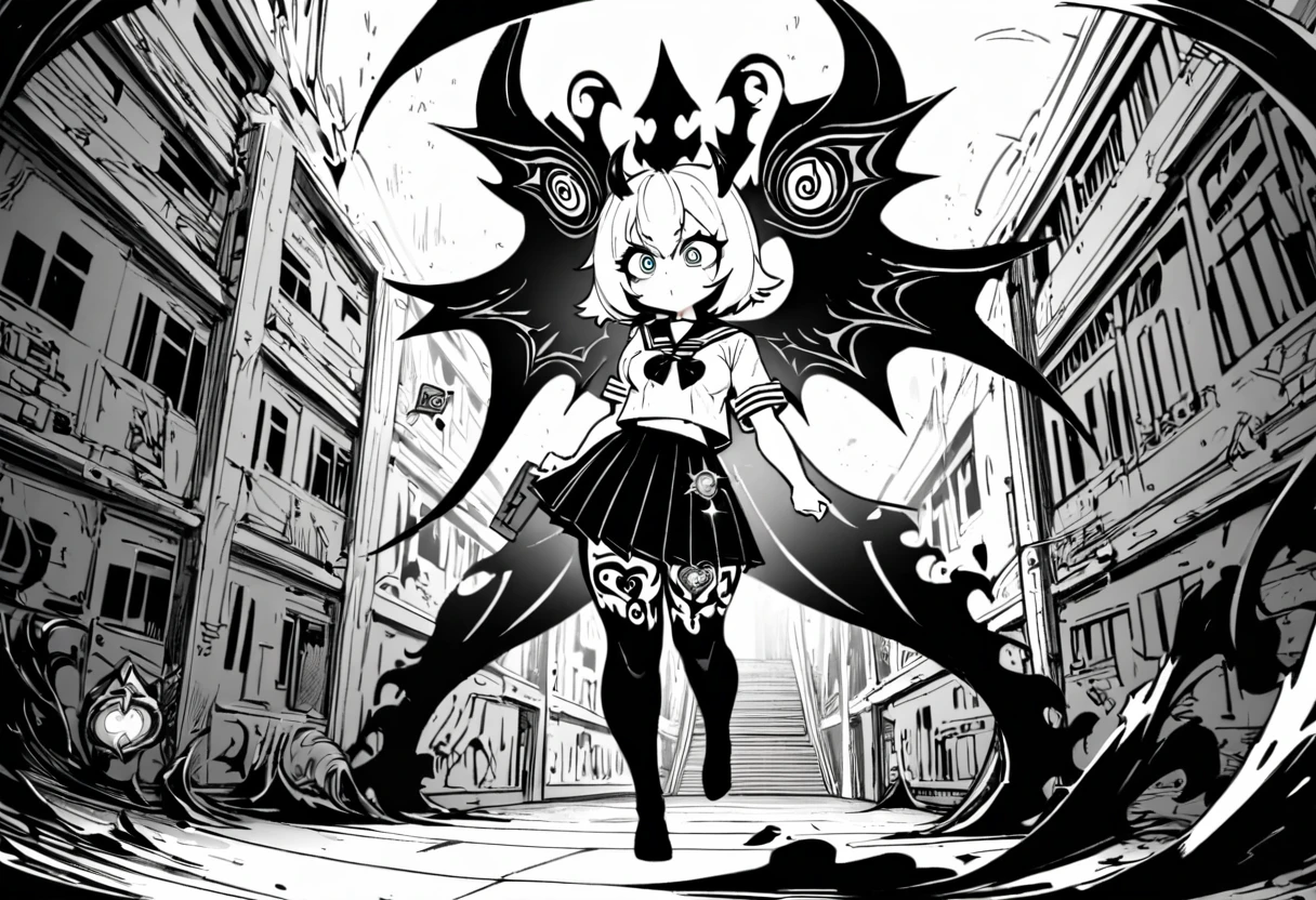 (Black and white Anime Line Art),(black and white), (extreme complexity, two subjects unique and individual) (subject 1:A sexy Demonette (demon, big breasts, no hair many small horns instead, demon eyes, leathery wings, many fierce evil body tattoos, small evil costume, looks unhinged, wielding a evil sword)) is challenging a (subject 2: Japanese Ninja woman (big butt, small breasts, sailor school outfit with mystic trinkets, short hair, big eyes, calm and composed)), set in a high school building