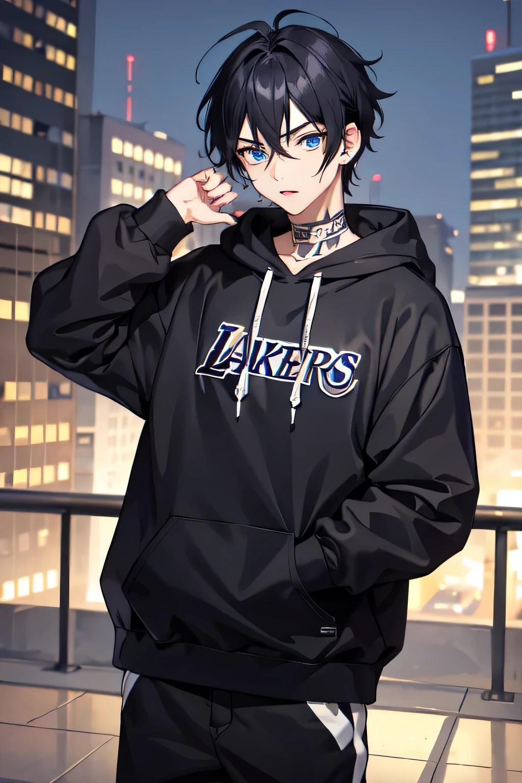 1boy,city,Lakers nba hoodie,tied hair,black hair,blue eyes,using piercing