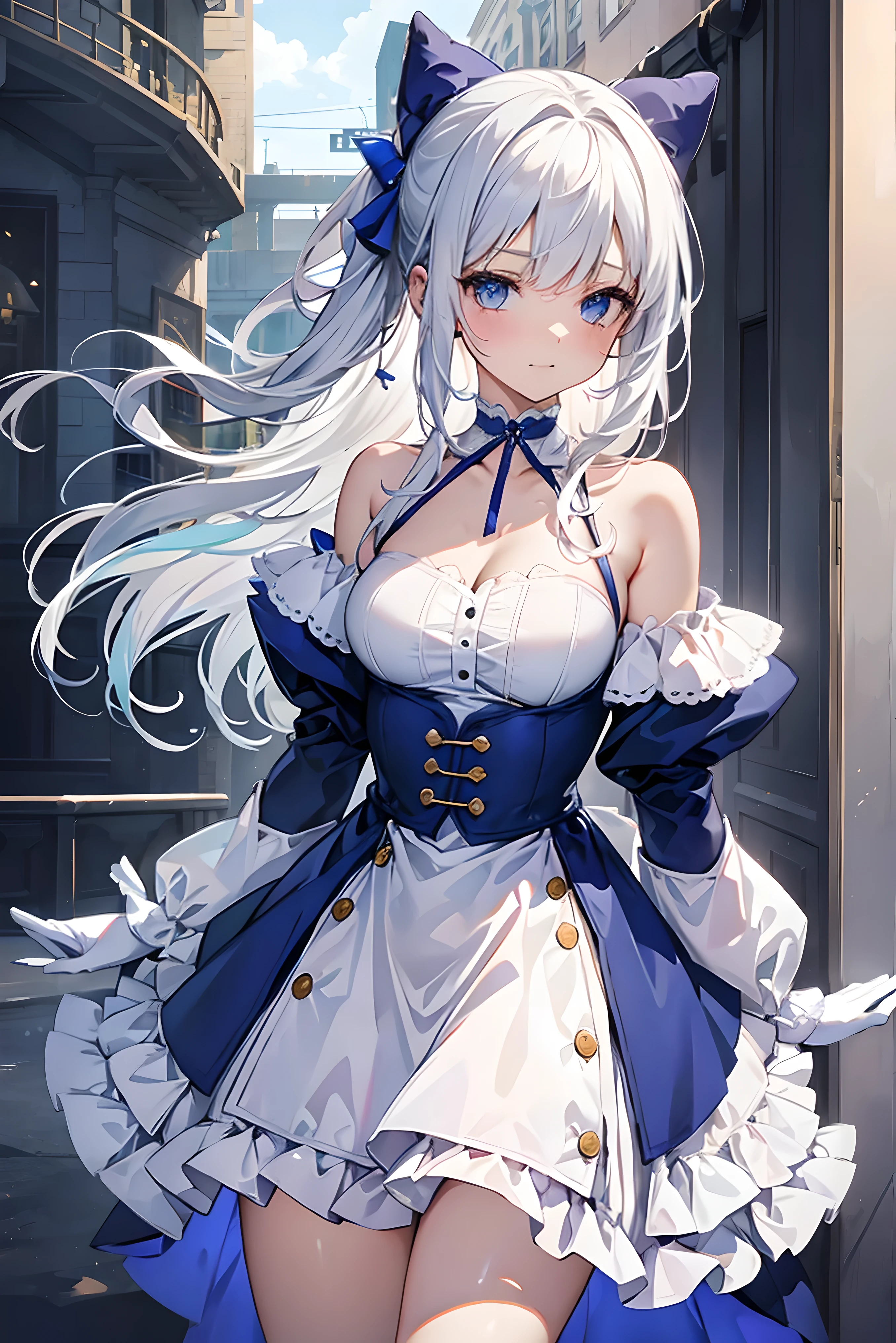 (8K, highest quality, masterpiece:1.2),(blue coloured eye),((Clothes details)),High-definition CG Unity 8k, focus, realistic, shadow, soft lighting, Cowboy shot, white hair, flutter hair, gorgeous, warm smile, Village girl, high waist skirt, white skirt, long sleeves, ribbon, white dress, gloves, Choker noble necklace.