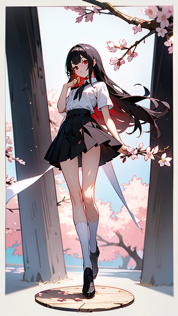 （（master piece）），girl（Translucent white short-sleeved shirt），（（Black Skirt）），（translucent black overknee stockings），（adorable），（I&#39;m shy），Nice red eyes,（long black hair），super detailed,hand,two legs,five fingers(full body esbian), (look down), (look straight at the viewer), (side body), (Are standing),cherry blossoms