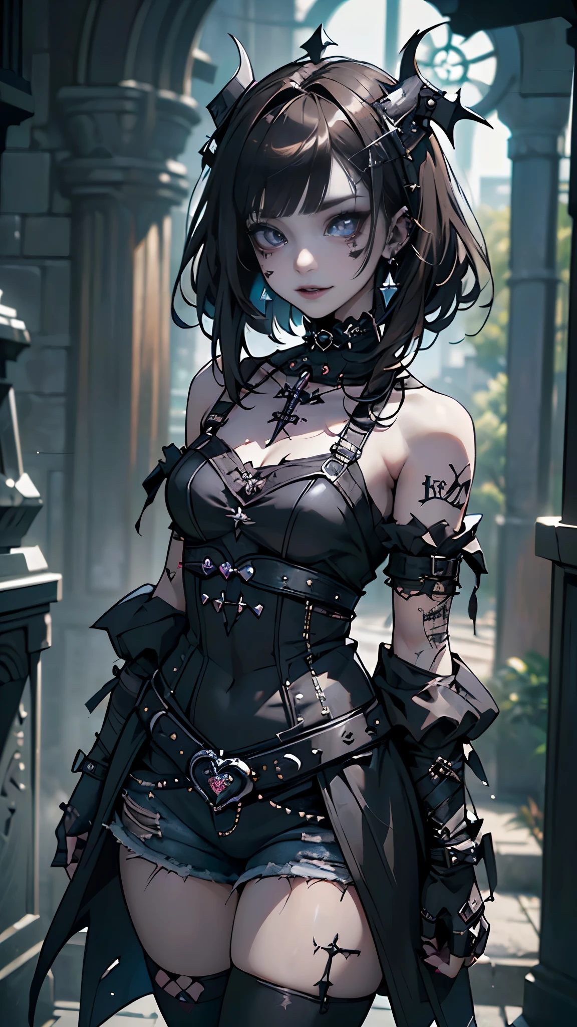 (sonrisa mostrando los dientes:1.3),(Shibuya gal:1.5)、(lolita punk rock gothic :1.4 )、(moda gotica:1.4)、(neogothic:1.3)、(Fine-grained denim vestido:1.4 )、(Vistiendo una sirvienta steampunk detallada en mezclilla y blanco.:1.5)、! Fondo de cementerio de calaveras grandes :1.4), (cuello y mangas de encaje:1.1)、(calcetines hasta la rodilla de mezclilla:1.3)、(dark fantasy cemetery background :1.4), (heart mark decoration:1.guantes de moda unrock:1.4)、(adorno de pelo de lujo:1.4)、(heart brand belt)、(Tacones altos de mezclilla)、(La ropa interior es a rayas.:1.4)、(24 years old)、((Of the highest quality、8K、obra maestra:1.3))、Belleza de abdominales delgados:1.3、(Peinado informal、enormes tetas:1.1)、vestido:1.1、super small face、Ojos estrechos、double eyelid、una sonrisa descuidada、Esbian de cuerpo completo、dynamic angle、de cerca、filtro completo、fondo borroso、bokeh、hora azul、Textura detallada de la cara y la piel.、ojos detallados、,(Colas gemelas:1.3)、(golden brown hair:1.3)、idol engraving、(El fondo es cementerio tenebroso piedras grandes :1.4 )、(adelgaza tus piernas:1.4)、(Cuerpo delgado:1.3)、(clavicle:1.1), (colores brillantes), ,( ciberpunk 2.1),(cementerio V2.1), (dynamic cowboy pose)