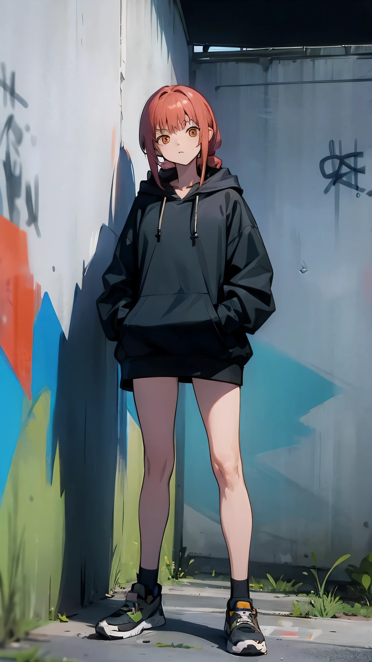 Makima wearing only black hoodie and nothing under it and standing leaning back on Graffiti wall (Evening time) Looking at the camera.(straight angle)(Full body)