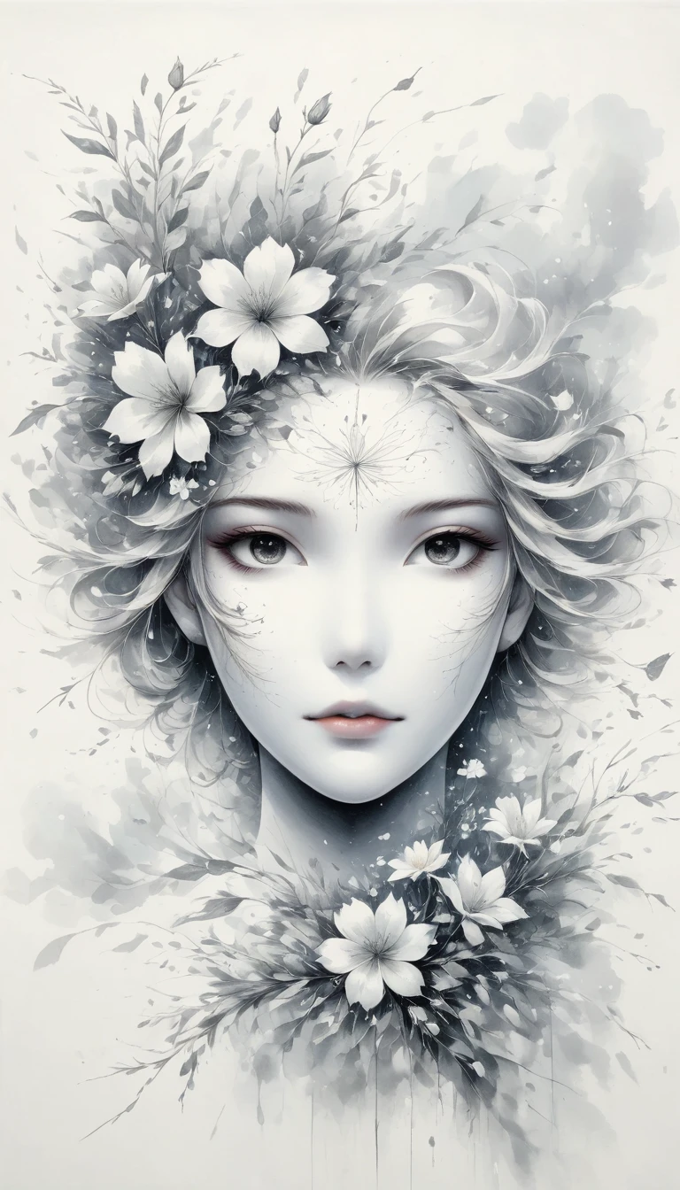 (Anime line drawing:1.5)，(black and white painting:1.45)，Minimalism，(line art:1.6)，sketch，Charcoal drawing，mask，flower,Illustration in surreal art style，surreal dream，Dubrec style,(multiple exposure：1.8),Dreams of happiness，