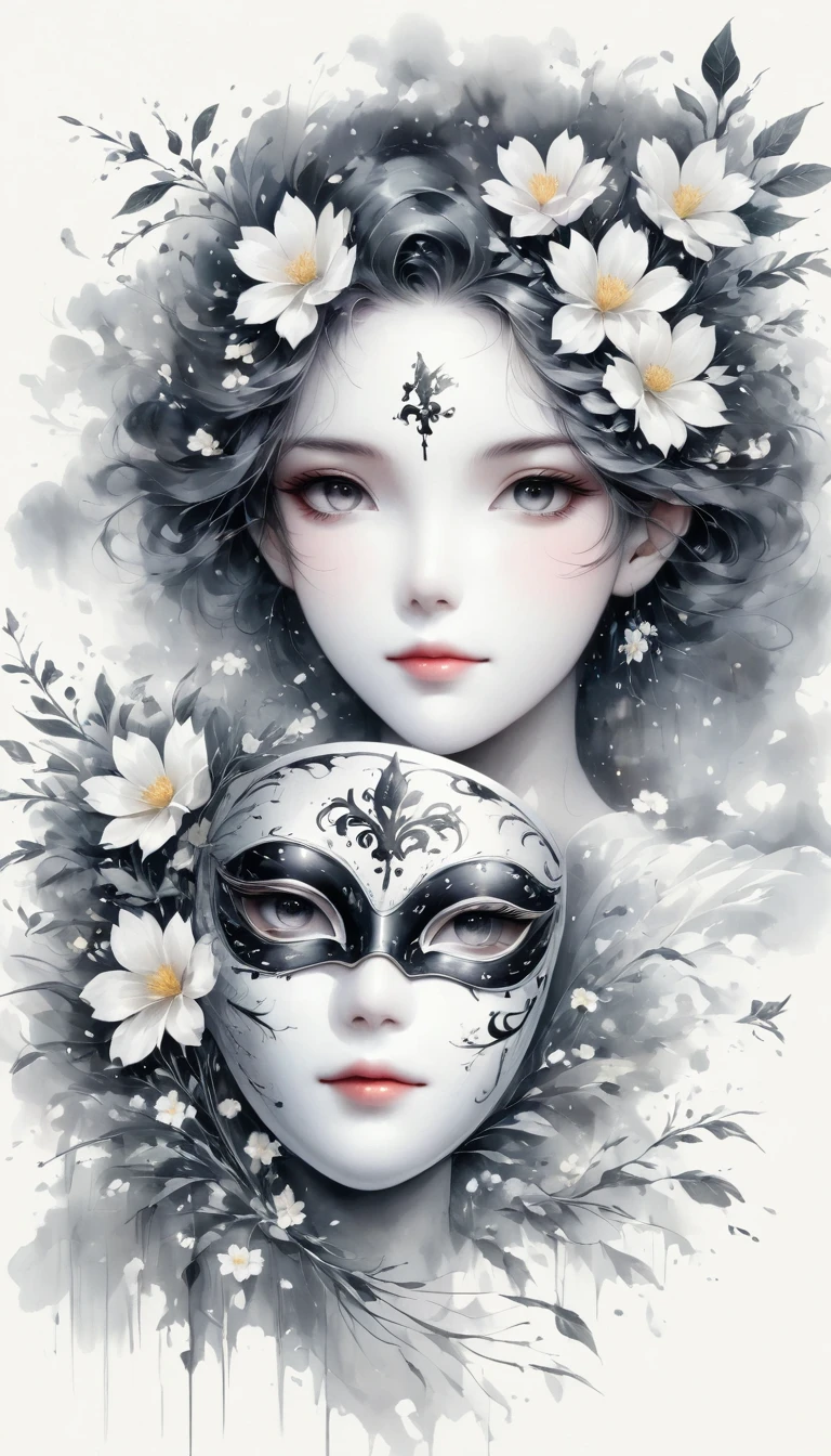 (Anime line drawing:1.5),(black and white painting:1.45),Minimalism,(line art:1.6),sketch,Charcoal drawing,mask,flower,Illustration in surreal art style,surreal dream,Dubrec style,(multiple exposure:1.8),Dreams of happiness,