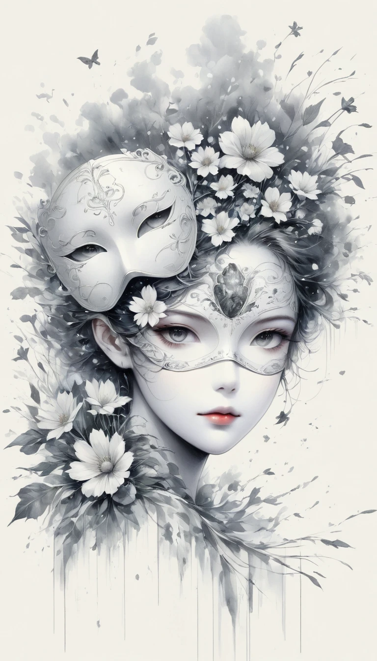 (Anime line drawing:1.5),(black and white painting:1.45),Minimalism,(line art:1.6),sketch,Charcoal drawing,mask,flower,Illustration in surreal art style,surreal dream,Dubrec style,(multiple exposure:1.8),Dreams of happiness,