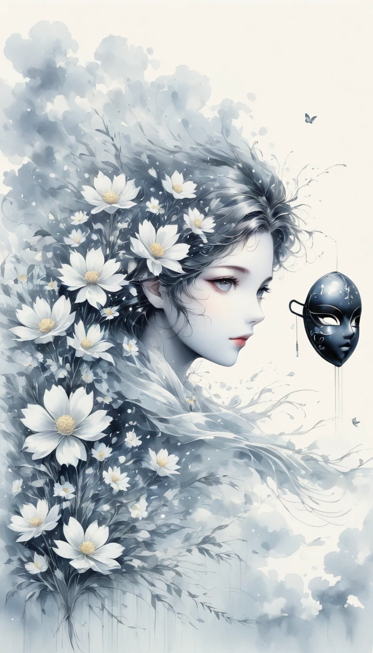 (Anime line drawing:1.5),(black and white painting:1.45),Minimalism,(line art:1.6),sketch,Charcoal drawing,mask,flower,Illustration in surreal art style,surreal dream,Dubrec style,(multiple exposure:1.8),Dreams of happiness,