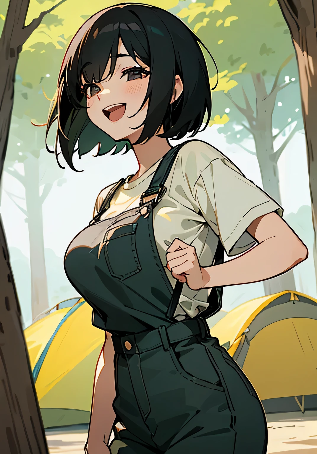 {best quality},sunny、forest、camping、black hair short cut、Female college student、Large beautiful breasts、oversized t-shirt、overalls、big smile、open mouth、open one eye wide, close another eye、Low angle 、cowboy shot