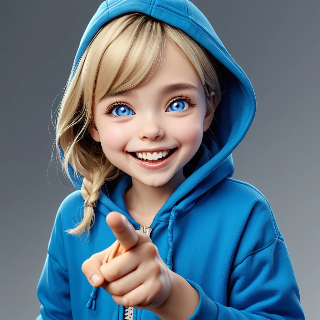 (((happy Smile with open mouth, closed teary blue eyes, small hands holding stomach, pointing small finger))), ((big chibi head)), portrait, (wide open mouth), blue hoodie, [wrinkles near the nose:0.7], (simple gray background), girl, Young, [Nordic:Icelandic:0.5], age 25, Hourglass body, perfect Olive skin, big Oval Face, Long neck, Rounded shoulders, slim fitness arms, Attached Pointed ears, Short blonde Beach Waves pixie haircut Parting centre hair, snub nose, High Round Narrow cheekbones, Dimpled Cheeks, Rounded Chin, Nude Makeup Look, long eyelashes, third breast size, 8k, vray, IMax, hyperrealism, perfect light, bokeh Carl Zeiss 85mm, small depth of field, photorealistic, masterpiece, high resolution, best quality, cinematic shot, ultra-detailed, super realistic, Hyperrealistic art, high-quality, ultra high res, highest detailed, lot of details, Extremely high-resolution details, photographic, realism pushed to extreme, incredibly lifelike, atmospheric perspective (focus on face), realistic skin, soft light, detailed skin, colourful, soft cinematic light, (perfect skin), 
realistic skin texture,