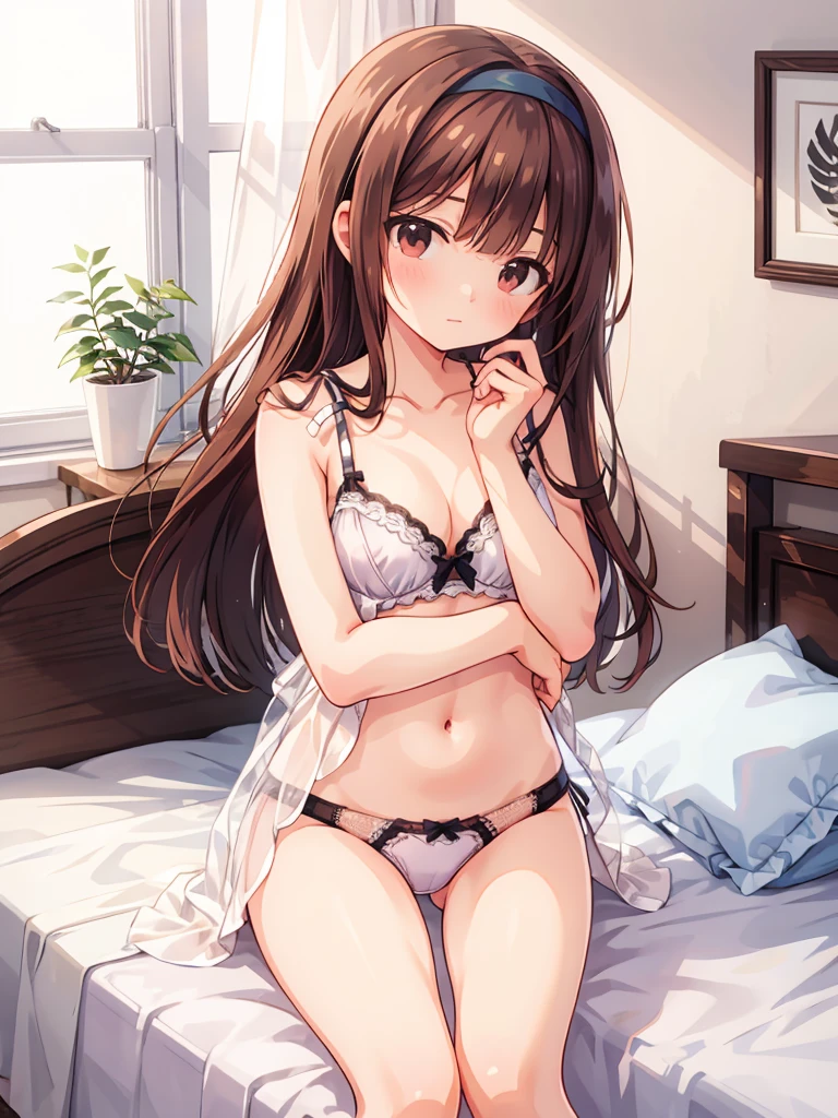 masterpiece, beautiful illustrations, highest quality, pretty girl, 1girl, Bedroom, pastel colour, (two-separated lingerie), cute lingerie, reddish brown long hair, headband, bright lighting, presenting, looking at viewer, on bed