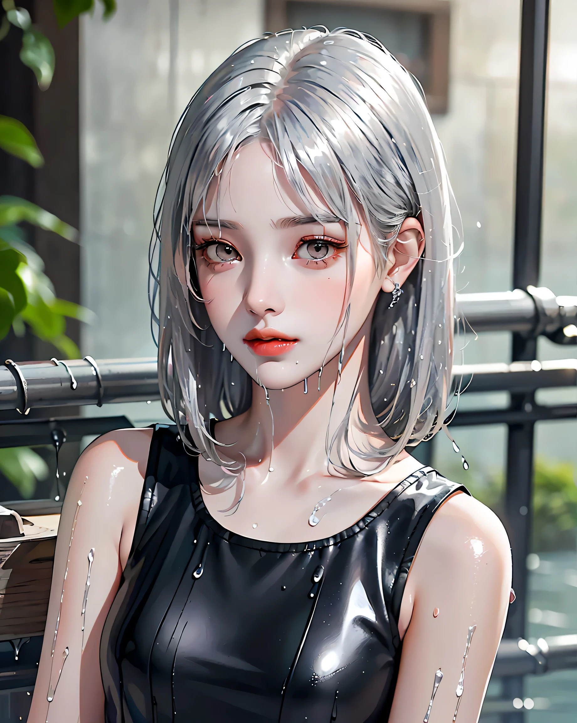 highest quality, realistic, 8K, High resolution, 1 girl, woman, nice, (In town: 1.82)), ((Medium chest, Sleeveless 1.75)), (1 girl Eyes, medium length hair, silver hair, parted bangs : 1.65), realistic, nice, (((Slightly wet clothes)))