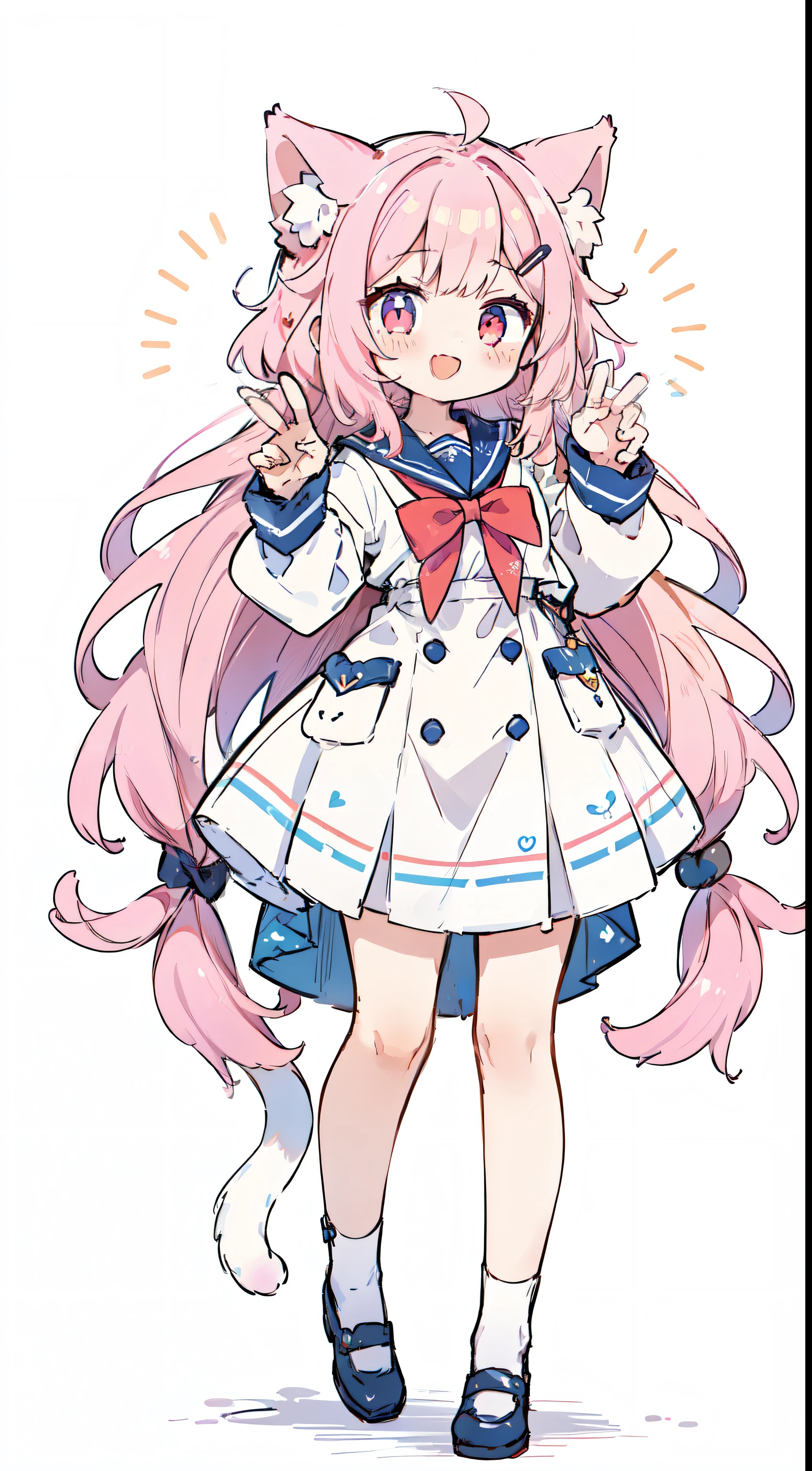 1 girl、((Whole BodyEsbian、standing pictures:1.2)), best quality、masterpiece、pink hair, long hair, two knots, Cat ear、Light color sailor suit、Fan band、laughter、cat pose、Slightly open smile、White background