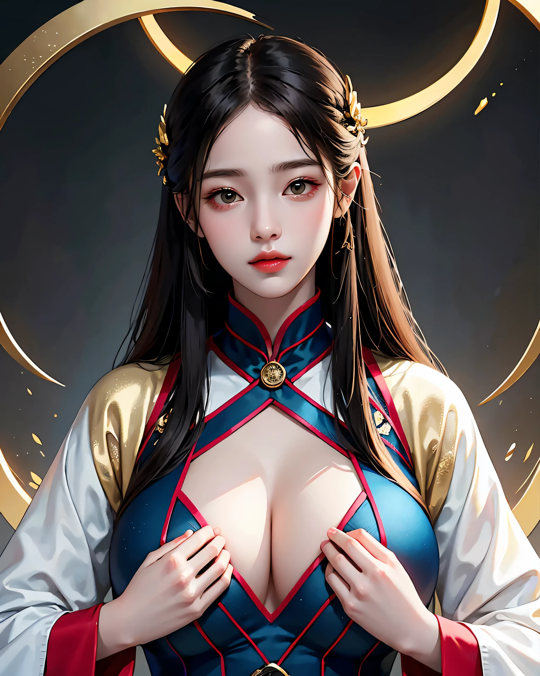 NSFW(master piece,highest quality,best quality,official art,beautiful and aesthetic:1.2),(1 girl huge big tits),Upper body,Tang suit,Hanfu,cyberpunk style,Mecha,very detailed,colorful,most detailed,official art,unity 8k wallpaper,super detailed,beautiful and aesthetic,beautiful,master piece,best quality,(tangled,mandala,tangle,tangled),holy shine,gold foil,gold leaf art,glitter drawing,Perfect Nwsj Seriously、long hair