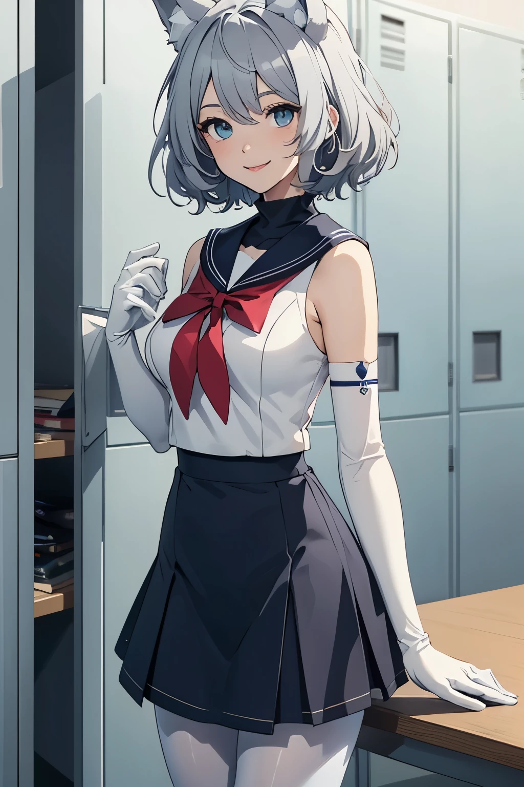 table top best image quality wonderful high detail One Young Woman((adult))anime style white sailor suit(sleeveless) navy blue mini skirt lift the skirt white long gloves(elbow gloves) white pantyhose(Plain color) wolf ears short hair((shortcut)(gray hair)(curly hair)(fluffy)) smile(Happy) eye color is blue background(locker room)