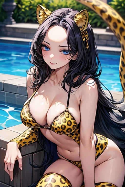 ((Black hair))), long hair, (((blue eyes))),(((forehead))) sexy, large breasts, beautiful body, masterpiece, smile, (((yellow leopard print lingerie))),sexy lingerie, hotel swimming pool,busty, buxom, curvy, voluptuous,Sexual Intercourse, ((not leopard ears))