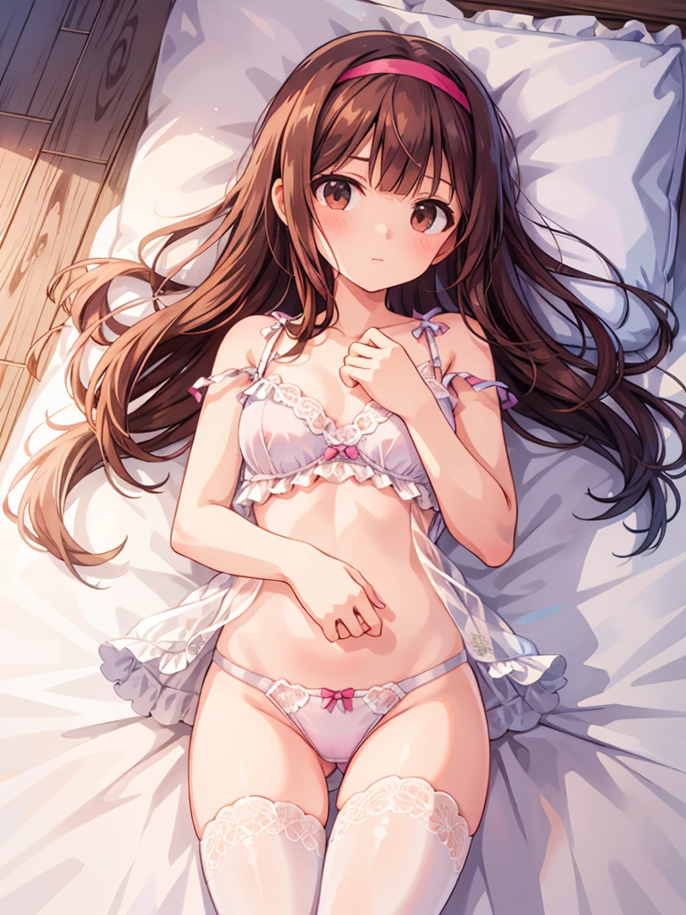 masterpiece, beautiful illustrations, highest quality, pretty girl, 1girl, Bedroom, pastel colour, (two-separated lingerie), cute lingerie, reddish brown long hair, headband, bright lighting, presenting, looking at viewer, on bed