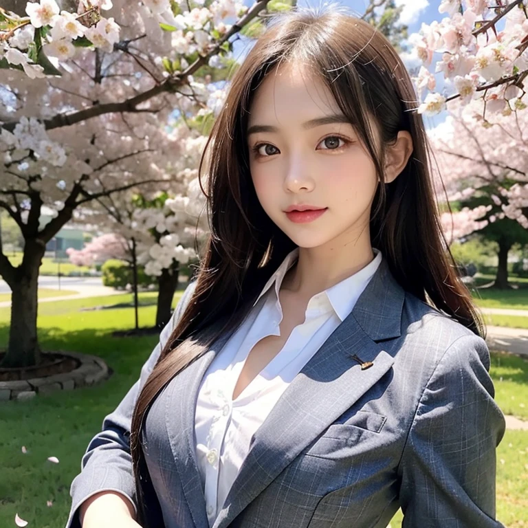 highest quality, High resolution, (realistic:1.2), 1 girl, Japanese beautiful girl, smile, big slit eyes, (big double eyelids:1.5), high definition eyes, plump cheeks, Dimples, light makeup, long black hair, slender, Are thin, small breasts, , dark blue blazer, Blazer button open, White blouse with collar, red tie, Grey plaid pleated skirt, strong light, Cherry blossom trees, spring,