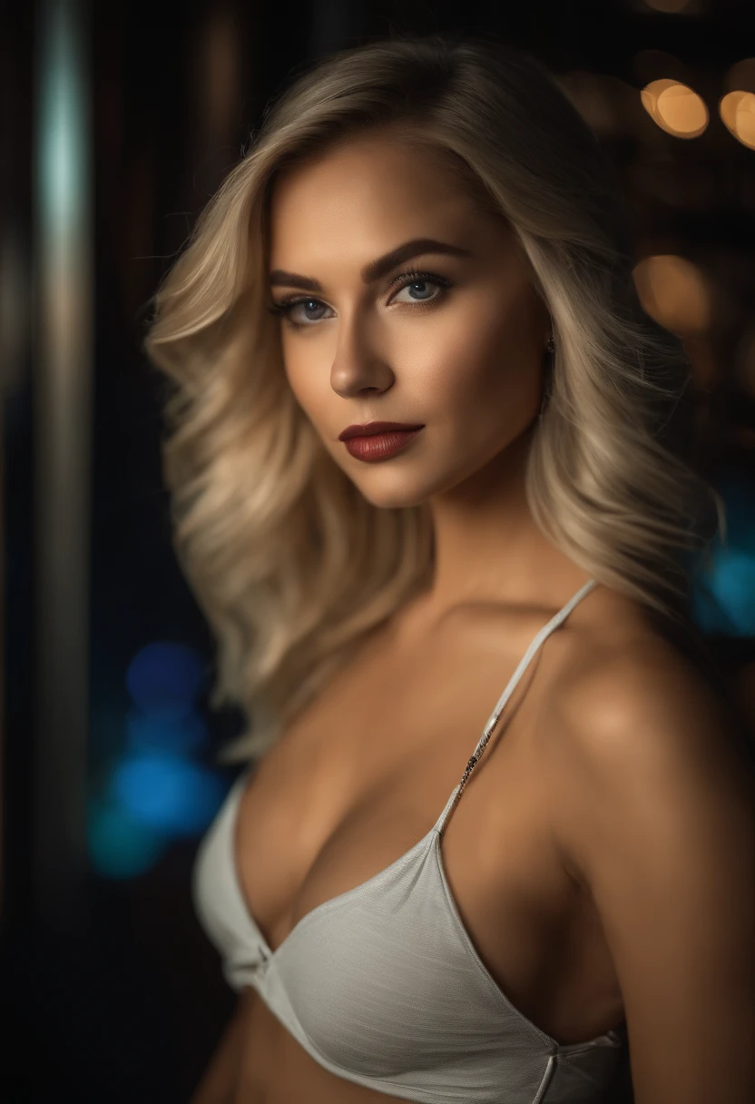 blonde woman with matching tank top and skirt posing at a night club, fille sexy aux yeux bleus, Portrait Sophie Mudd, blur background, best quality, 1girl, Portrait de Corinna Kopf, cheveux blonds et grands yeux, selfie of a young woman, ohne Maquillage, maquillage naturel, Look directly into the camera, Visage avec Artgram, dezentes Maquillage, Superbe photo du corps entier, dans la chambre, Gros seins, Blonde, latina
