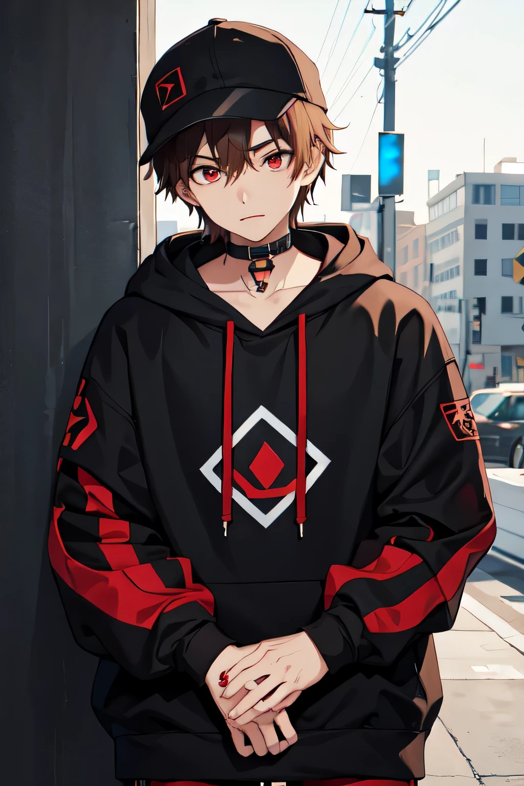 1boy,city,Volcom black hoodie,brown hair,red eyes,using piercing,wearing a hat