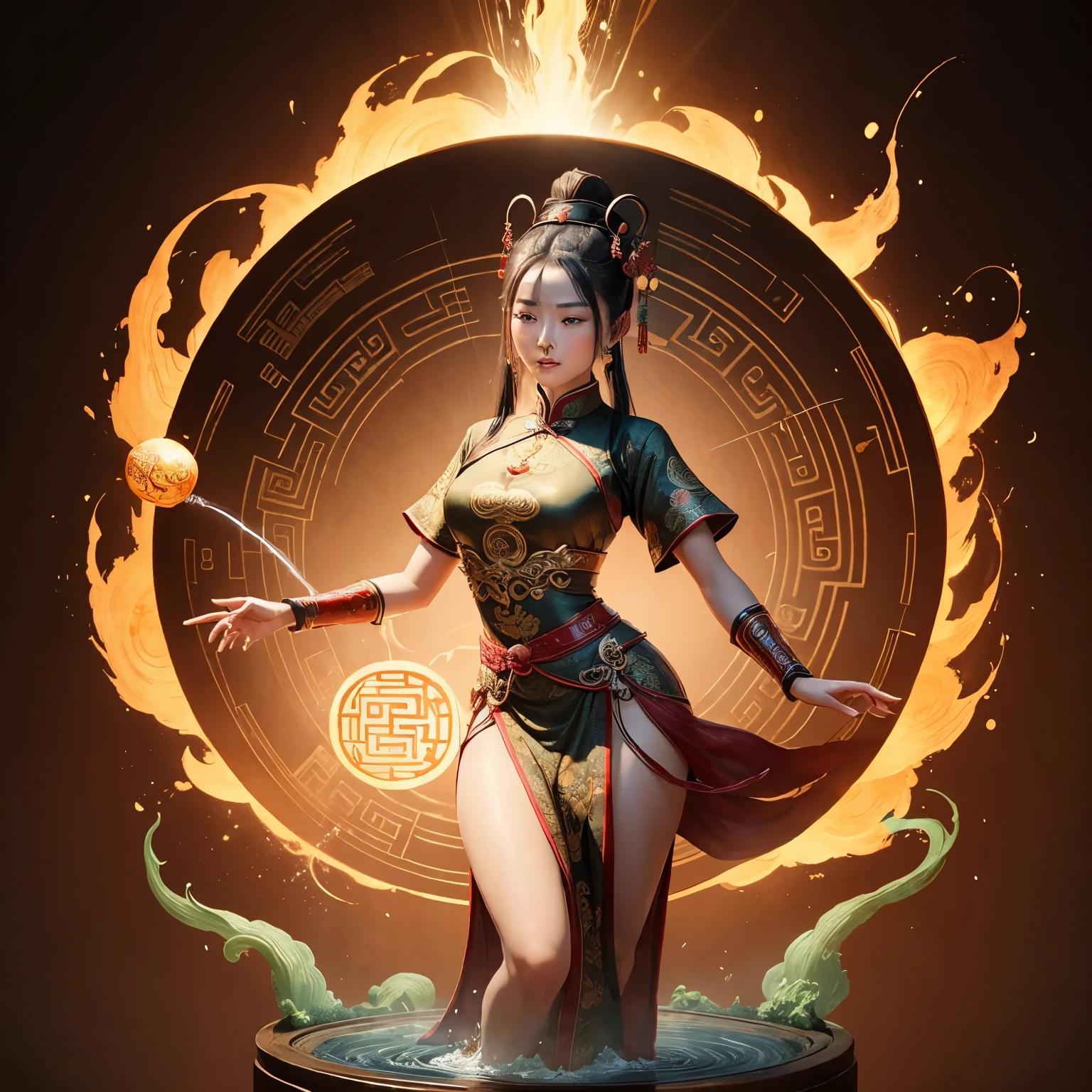 ancient Chinese god using her magic powers to form an earth in ancient Chinese art style