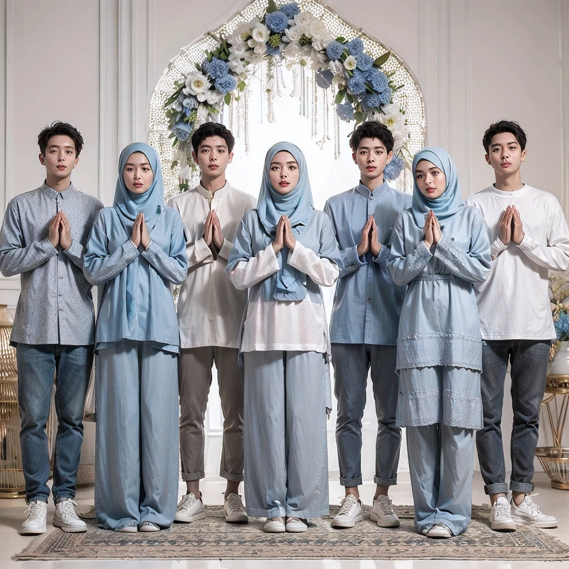 arafed group of people standing in front of a mirror with their hands together, muslim, grey and blue theme, blue and grey theme, pastel blue, casual modern clothing, blue colored traditional wear, blueish, by Basuki Abdullah, barong family, diverse outfits, bluish and cream tones, blue and grey, blue gray, traditional clothes