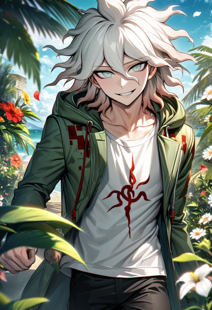 Ultra detailed, Highres, absurdres, HDR, Komaeda Nagito, white hair, silver eyes, green long coat, white tight t-shirt, Danganronpa 2, 1 man only, smirking, petals, flowers, summer, handsome, green leaves, black pants,
