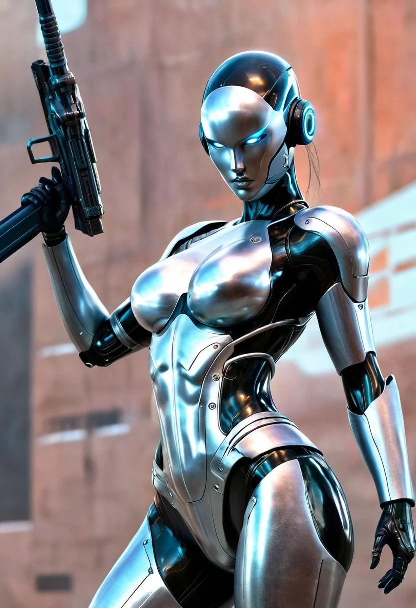 #futuristic warrior with weapons from the future attached to her futuristic suit in combat position #manos realistas , gorgeous, armas muy sofisticadas, manos muy detalladas y armadura muy elegante, muy realista.