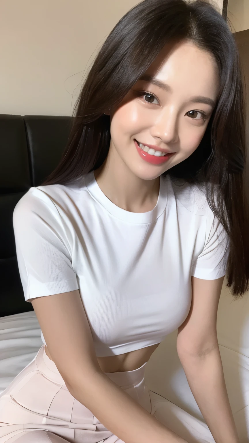 white tight shirt、white tight mini skirt、bed、smile、short sleeve、high resolution、Korean idol face、double eyelid、white teeth