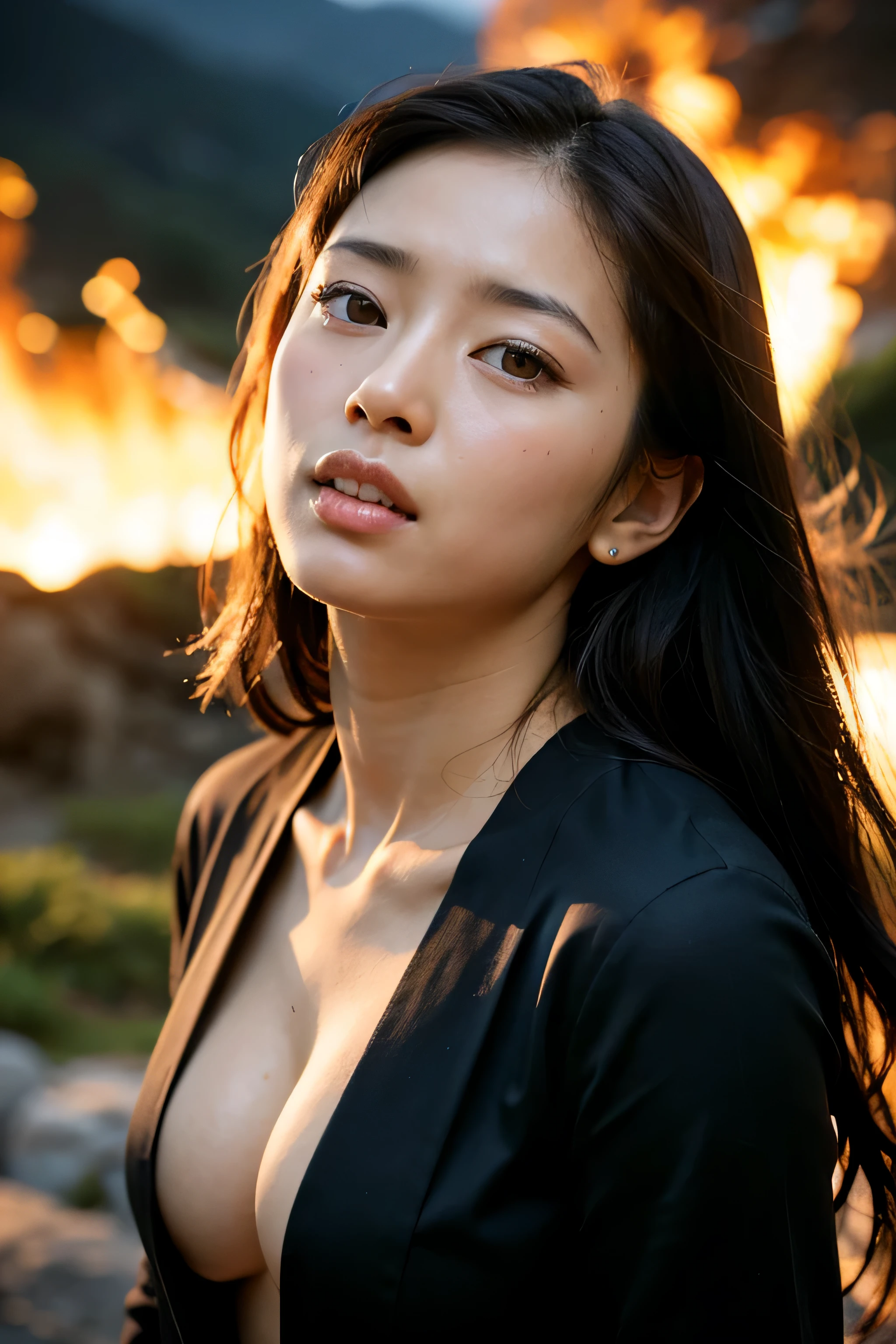 (Best Quality:1.2), (high resolution:1.2), (beautiful face and eye:1.2), (sharpest focus:1.2), (Ultra-realistic Photo:1.2), (Ultra-precise Photo:1.2), (Depth of field:1.2), (8k high resolution:1.2), (perfect anatomy:1.2),Very young and masculine and dignified and beautiful asian female,Beautiful noble woman, female in fighting pose,wearing tight black Robe in flames , cruel smile, large angelic wings with fire effect, with background as A lush green place deep in the mountains,(Looking up angle:1.0),