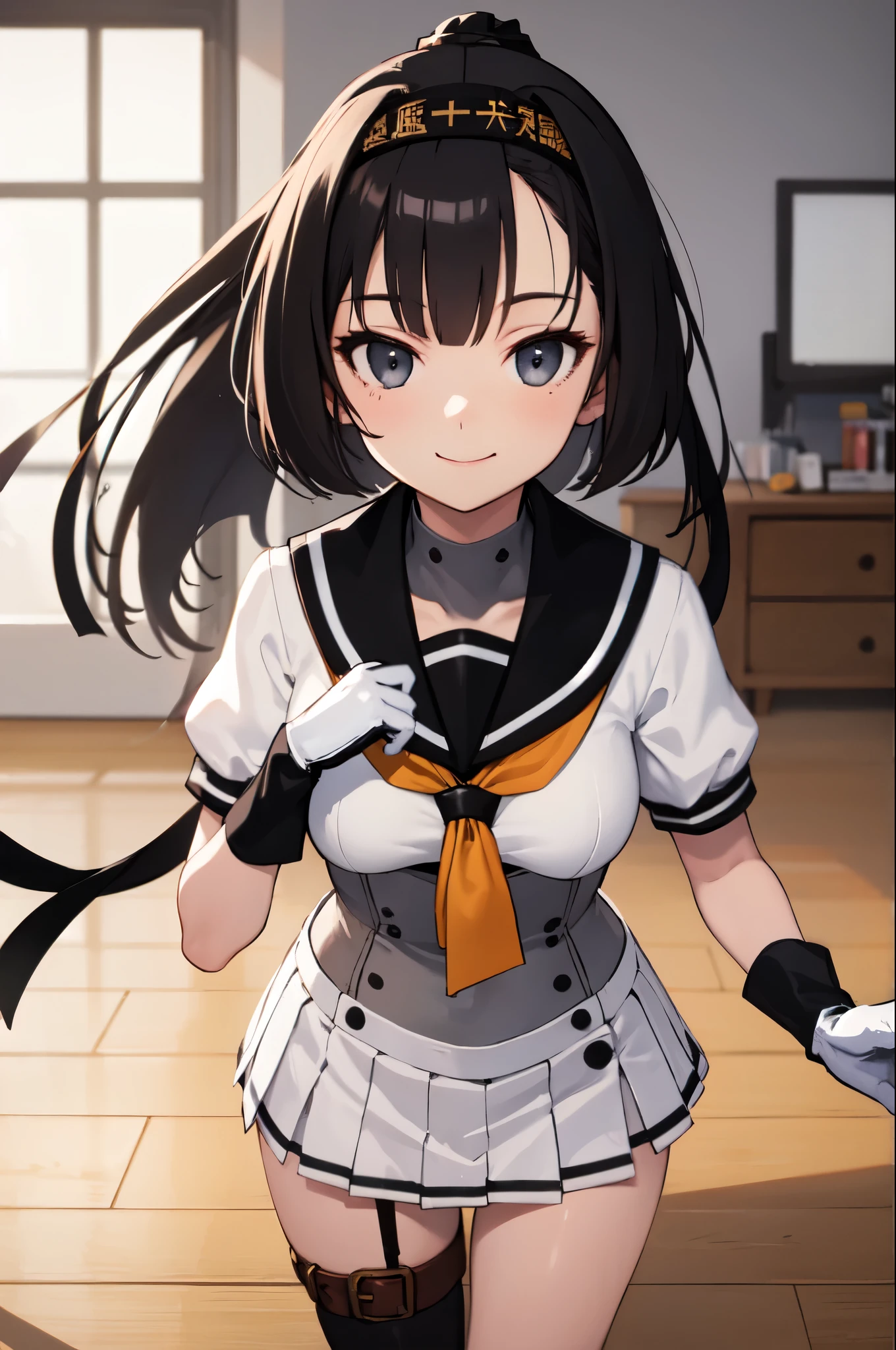 (masterpiece, highest quality:1.4), highest quality, masterpiece, High resolution,
(perfect anatomy), (symmetrical eyes, Super detailed eyes, beautiful eyes), (, Super detailed face, beautiful face), (black eyes),
break
1girl, alone,
QiuyueKC, (Qiuyue) uniform, (black) headband, (black) sailor collar, (yellow) neckerchief, (colorful) gloves, (white) pleated skirt, (gray) boots, (white)(black) gloves, (right side) thigh strap,(short sleeve) serafuku, (gray) corset, mini skirt,
break
looking at viewer, cowboy shot, towards the viewer, smile, (indoor, office, living room),
break
