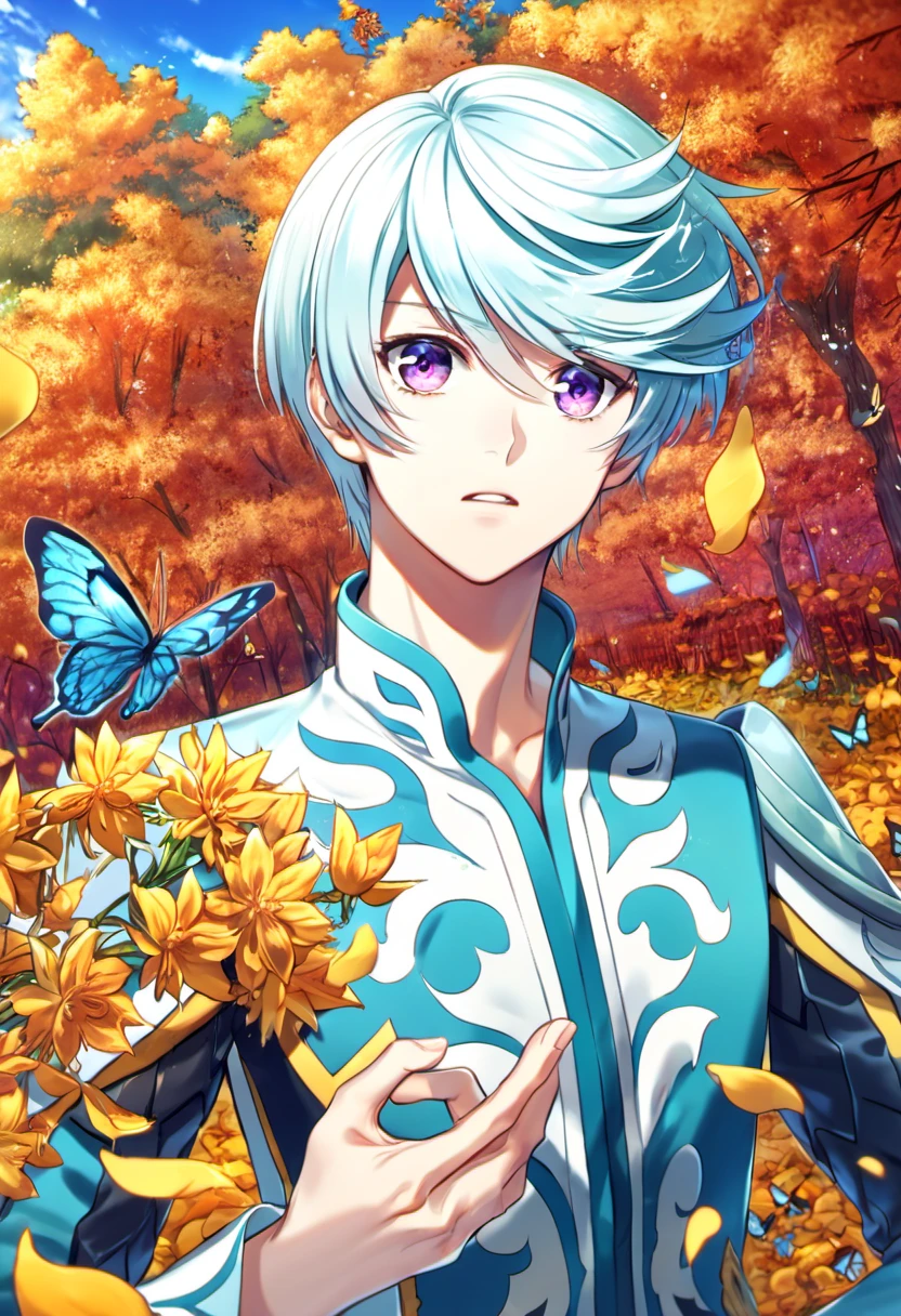 absurdres, highres, ultra detailed, HDR), master piece, best quality, Mikleo, white hair, expressive purple eyes, Tales of Zestiria, 1man, handsome, autumn, golden leaves, petals, flowers, butterflies