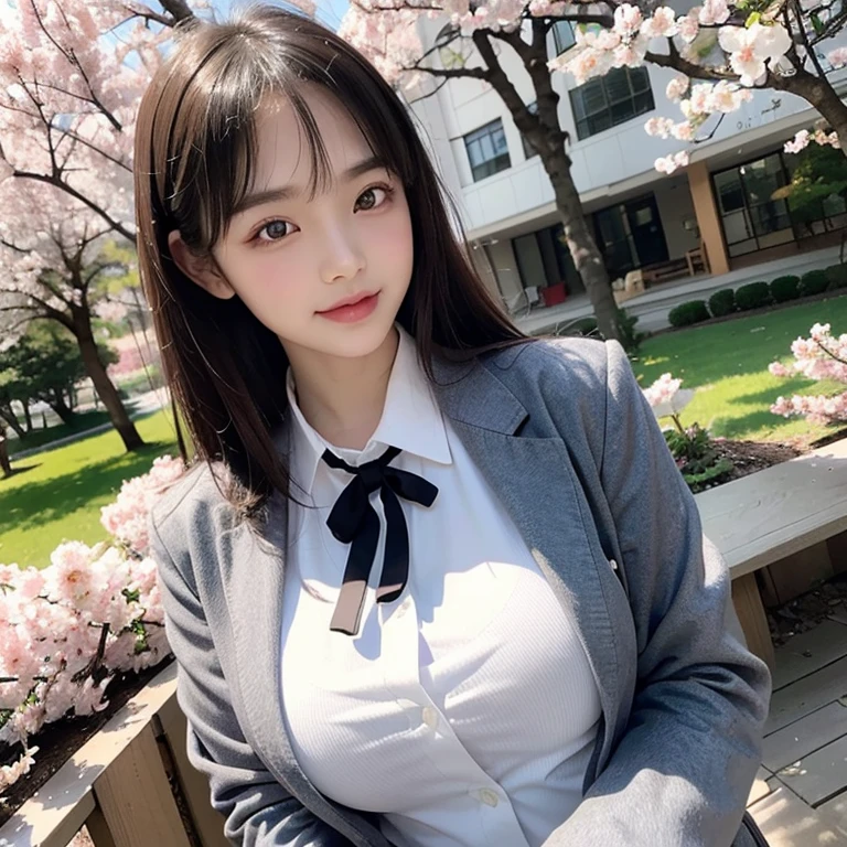 highest quality, High resolution, (realistic:1.2), 1 girl, Japanese beautiful girl, smile, big slit eyes, (big double eyelids:1.5), high definition eyes, plump cheeks, Dimples, light makeup, long black hair, slender, Are thin, small breasts, , dark blue blazer, Blazer button open, White blouse with collar, red tie, Grey plaid pleated skirt, strong light, Cherry blossom trees, high school, spring,