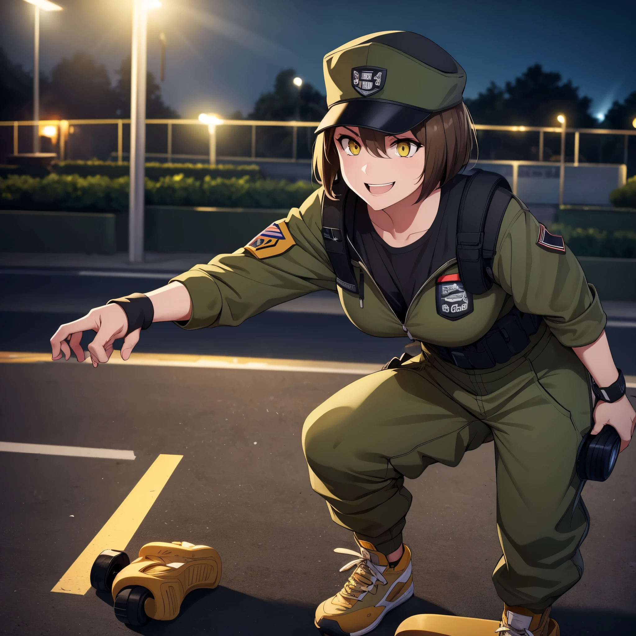 A woman wearing an American sports cap, army pants, wearing a black cap, short brown hair, yellow eyes, in a skate park, at night, lighting, smiling,HDR, ultra resolution, well defined, masterpiece, 8K HD.
