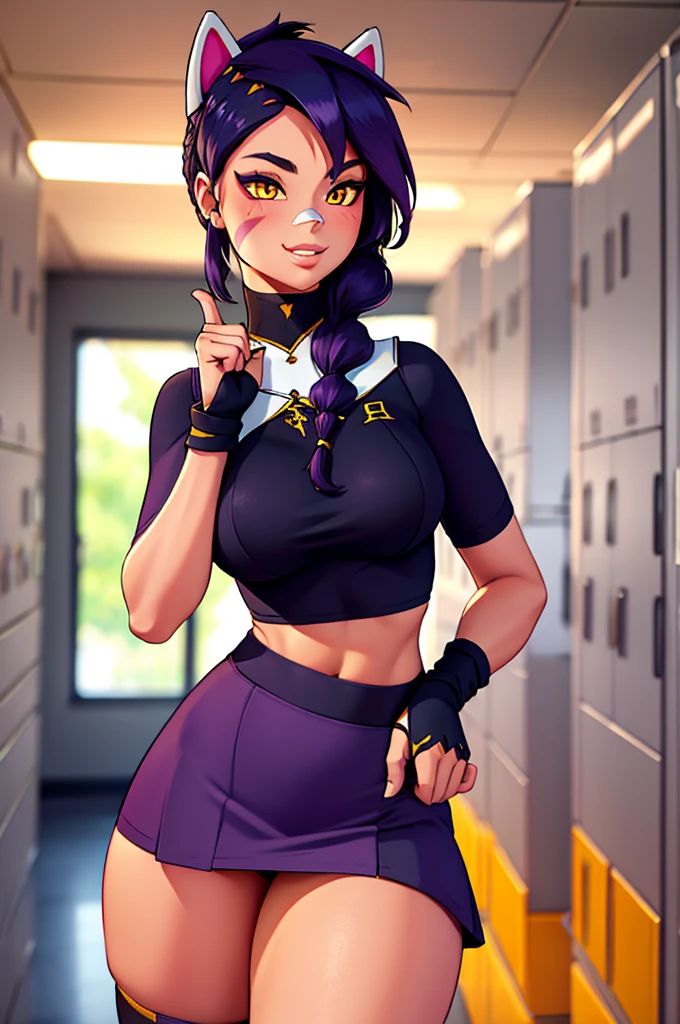 1girl, solo, long hair, looking at viewer, black hair, bandaid on face, yellow eyes, animal ears, smile, bandaid on nose, braid, cat ears, bandaid, ,bodysuit, gloves, teeth, scarf, blush, hair ornament, purple hair, fingerless gloves, facial mark, orange eyes, holding, jewelry, hand up, blurry, locker room, background, seductive, realistic, highly detailed face, detailed eyes, best quality, masterpiece, ultra detail, ultra high res, extreme detail, 8k, uhd, perfect face, (sexy pose), perfect face, standing, hand on hip, erisa, mouth closed, cheerleader outfit, skirt, short skirt, crop top, tight outfit, ass, from behind, round ass