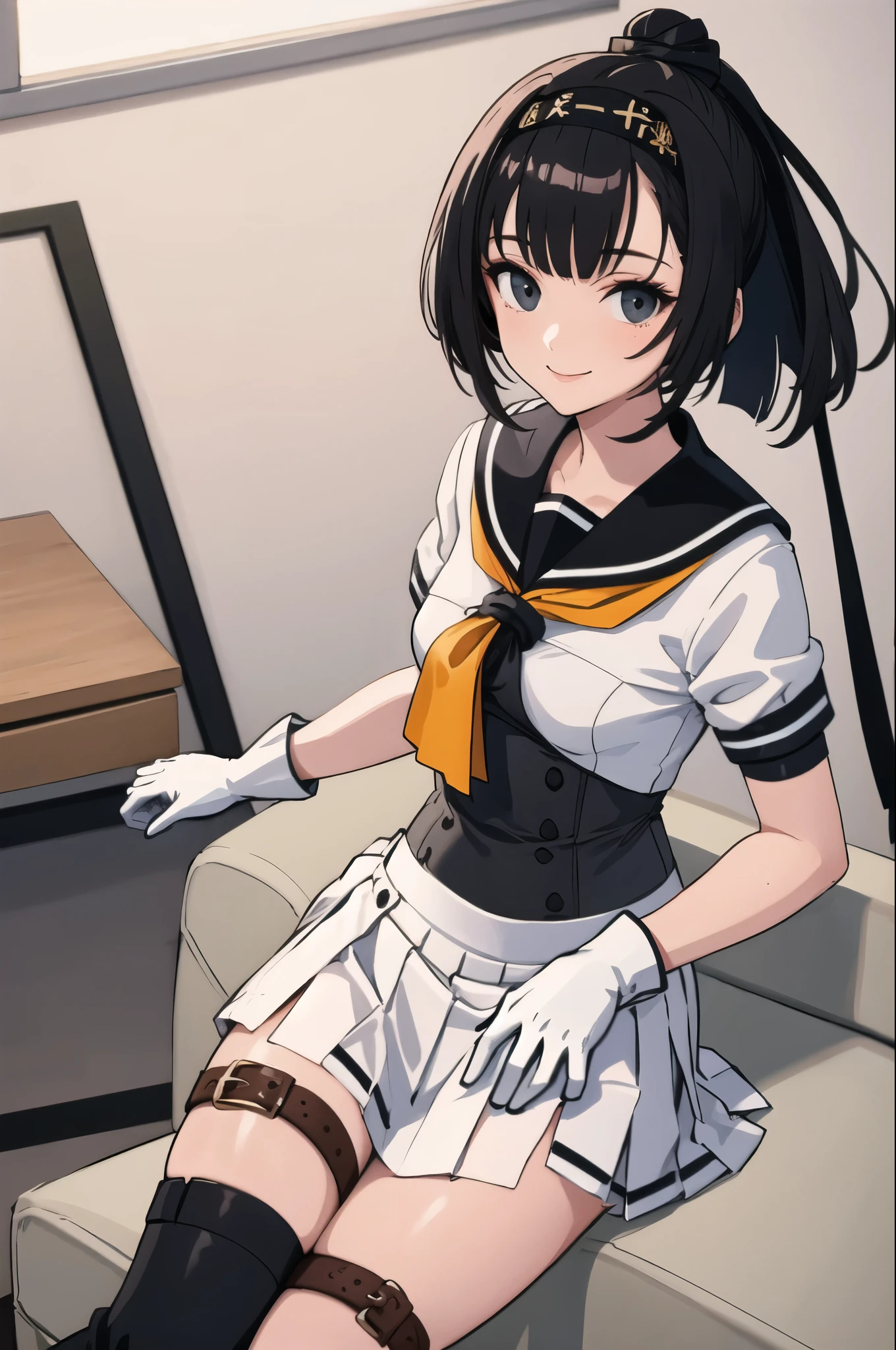 (masterpiece, highest quality:1.4), highest quality, masterpiece, High resolution,
(perfect anatomy), (symmetrical eyes, Super detailed eyes, beautiful eyes), (, Super detailed face, beautiful face), (black eyes),
break
1girl, alone,
QiuyueKC, (Qiuyue) uniform, (black) headband, (black) sailor collar, (yellow) neckerchief, (colorful) gloves, (white) pleated skirt, (gray) boots, (white)(black) gloves, (right side) thigh strap,(short sleeve) serafuku, (gray) corset, mini skirt,
break
looking at viewer, cowboy shot, towards the viewer, smile, (indoor, office, living room),
break
