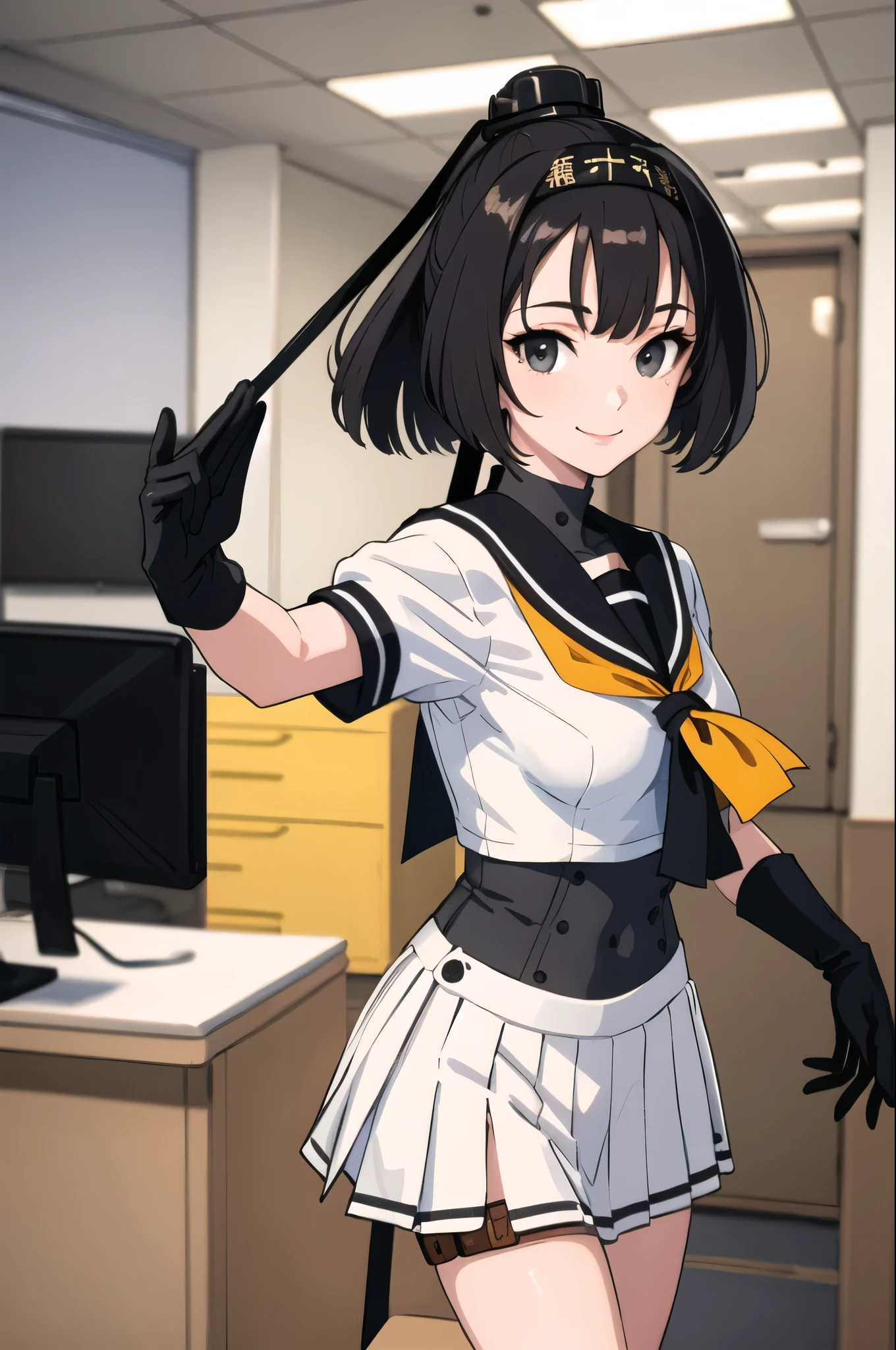 (masterpiece, highest quality:1.4), highest quality, masterpiece, High resolution,
(perfect anatomy), (symmetrical eyes, Super detailed eyes, beautiful eyes), (, Super detailed face, beautiful face), (black eyes),
break
1girl, alone,
QiuyueKC, (Qiuyue) uniform, (black) headband, (black) sailor collar, (yellow) neckerchief, (colorful) gloves, (white) pleated skirt, (gray) boots, (white)(black) gloves, (right side) thigh strap,(short sleeve) serafuku, (gray) corset, mini skirt,
break
looking at viewer, cowboy shot, towards the viewer, smile, (indoor, office, living room),
break
