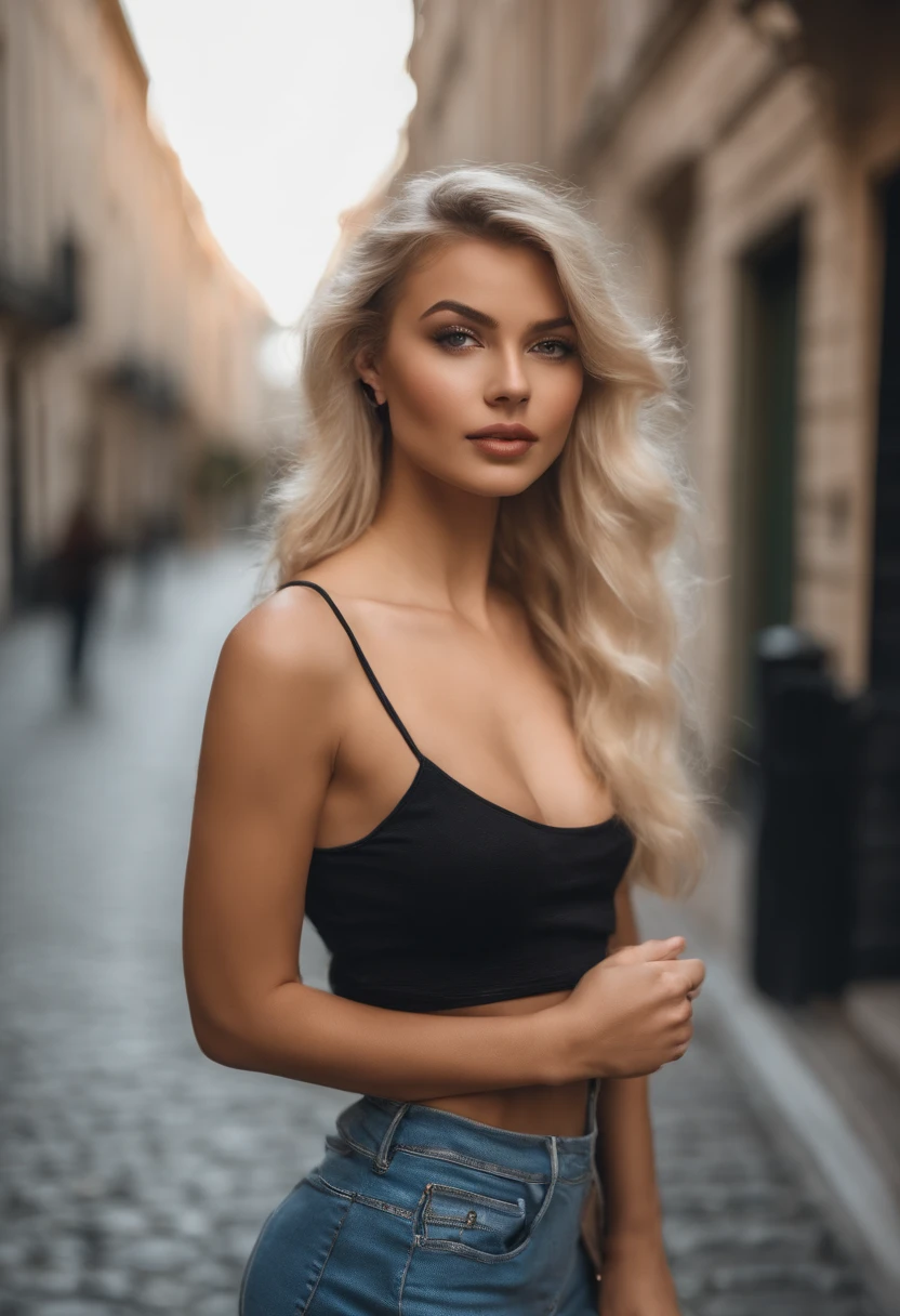 blonde woman with matching tank top and skirt posing on a street, fille sexy aux yeux bleus, Portrait Sophie Mudd, blur background, best quality, 1girl, Portrait de Corinna Kopf, cheveux blonds et grands yeux, selfie of a young woman, ohne Maquillage, maquillage naturel, Look directly into the camera, Visage avec Artgram, dezentes Maquillage, Superbe photo du corps entier, dans la chambre, Gros seins, Blonde, latina
