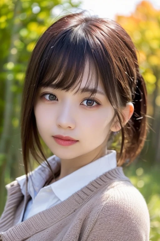 1 girl,(Wearing a collared blouse and cardigan:1.2),(Raw photo, highest quality), (realistic, photo-realistic:1.4), masterpiece, very delicate and beautiful, very detailed, 2k wallpaper, wonderful, finely, very detailed CG unity 8k wallpaper, Super detailed, High resolution, soft light, beautiful detailed girl, very detailed eyes and face, beautifully detailed nose, detailed and beautiful eyes,cinematic lighting,In the beautiful pine forest of the Japanese countryside,autumn landscape,autumn maple tree,On the banks of a small rocky river,perfect anatomy,slender body,smile,