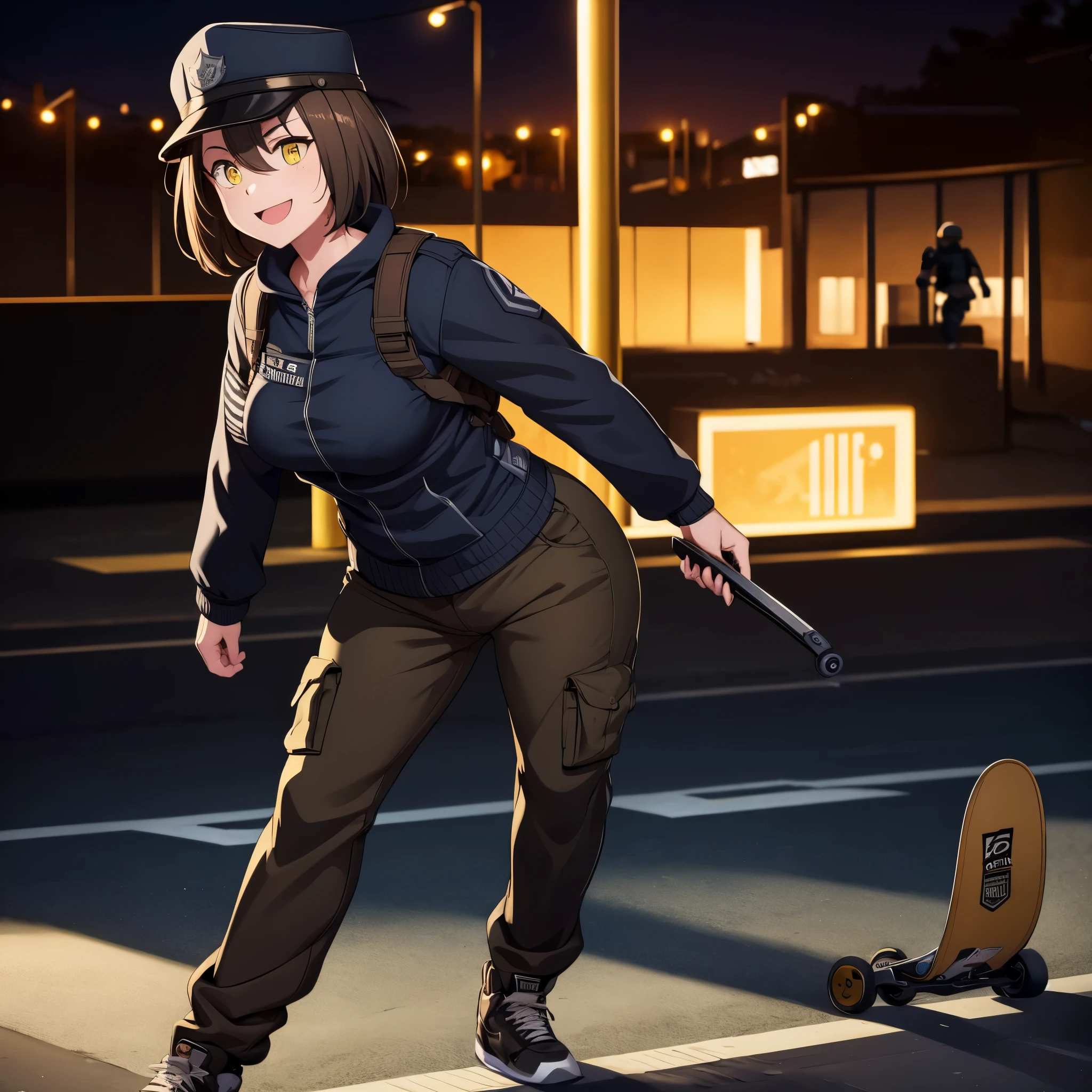 A woman wearing an American sports cap, army pants, wearing a black cap, short brown hair, yellow eyes, in a skate park, at night, lighting, smiling,HDR, ultra resolution, well defined, masterpiece, 8K HD.
