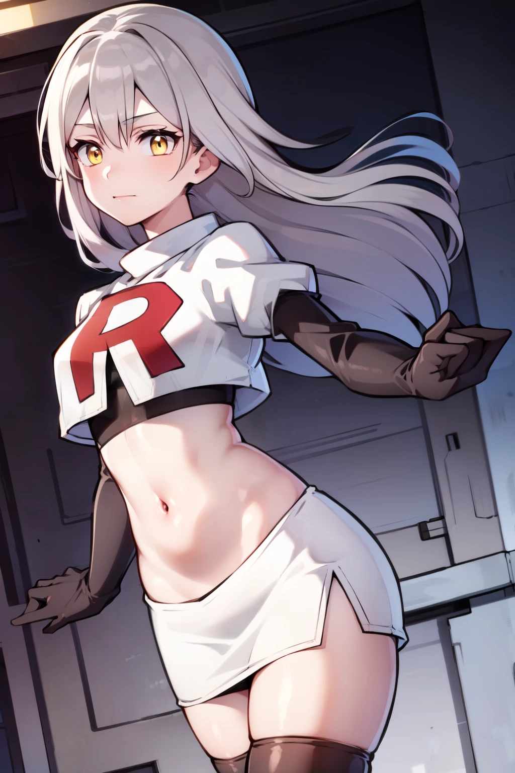 (masterpiece:1.2), (pale skin:1.2), (8k:1.2), (solo:1.2), (female:1.1), (dynamic angle), long hair, gray hair, yellow eyes, team rocket,team rocket uniform,white skirt,red letter R,crop top,black thigh-highs,black elbow gloves