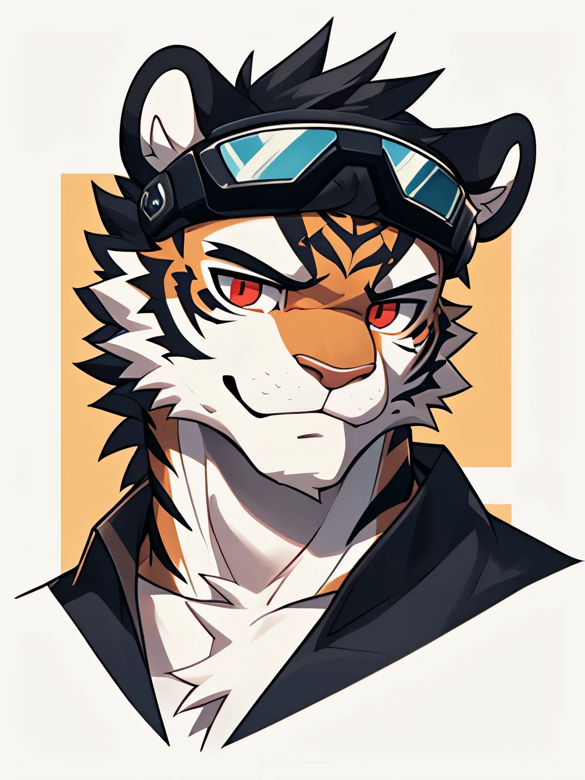 tiger,youth,frown,Black goggles,is handsome and charming,red eyes,confident smile,Say hello by chance,Cai Xukun'High quality fan art,clear lines,Draw only faces