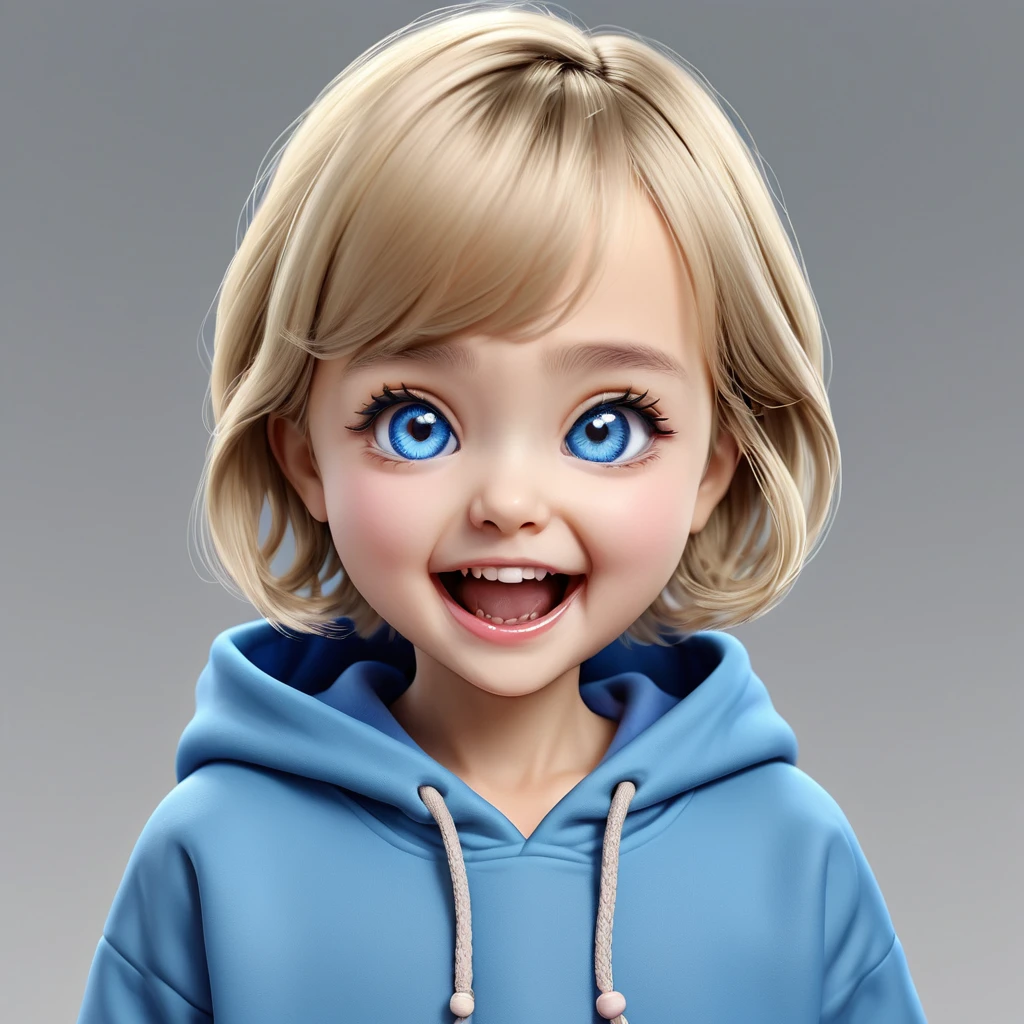 (((happy Smile with open mouth, closed teary blue eyes, small hands holding stomach, pointing small finger))), ((big chibi head)), portrait, (wide open mouth), blue hoodie, [wrinkles near the nose:0.5], (simple gray background),  girl, [Nordic:Icelandic:0.5], Hourglass body, perfect Olive skin, big Oval Face, Long neck, Rounded shoulders, slim fitness arms, Attached Pointed ears, Short blonde Beach Waves pixie haircut Parting centre hair, snub nose, High Round Narrow cheekbones, Dimpled Cheeks, Rounded Chin, Nude Makeup Look, long eyelashes, third breast size, 8k, vray, IMax, hyperrealism, perfect light, bokeh Carl Zeiss 85mm, small depth of field, photorealistic, masterpiece, high resolution, best quality, cinematic shot, ultra-detailed, super realistic, Hyperrealistic art, high-quality, ultra high res, highest detailed, lot of details, Extremely high-resolution details, photographic, realism pushed to extreme, incredibly lifelike, atmospheric perspective (focus on face), realistic skin, soft light, detailed skin, colourful, soft cinematic light, (perfect skin), 
realistic skin texture, [wrinkles near the eyes:0.5], chilands,