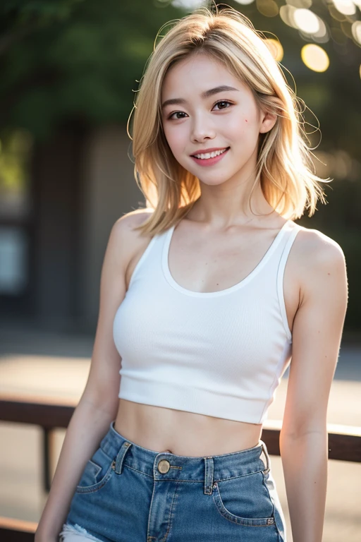 One girl, one girl, one person, japanese girl, mischievous smile, devilish smile, grinning smile, Japanese girl, 20 year old girl, beautiful, pretty face, cute face, mischievous expression, tank top, tank top, blonde hair