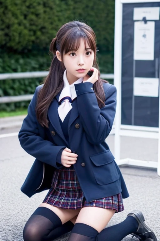 1 girl, nakiri it has, kneel down, Thighhighs, navy Thighhighs, Jacket, plaid skirt, put your hand on your chest, outdoor, anime_screen cap_it has