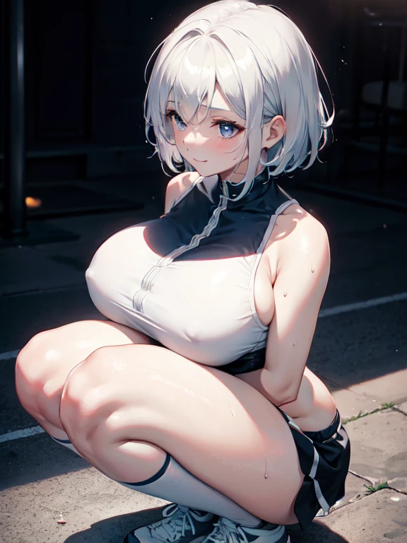 1 girl, (alone:1.2), ((masterpiece)), Slim, , pale skin, ((exquisite eyes)), (bokeh effect), sweating, (Dynamic angle)，Squat down, white hair, short hair, bare shoulders，he&#39;clavicle, armpit, (External), Smile, School cafeteria,  thong，sports shoes，White knee high socks，running，B cup，White Girls Sports Bra，High resolution，super detailed，strangulation marks，Slim腿，beautiful breasts、huge breasts:1.4，plump breasts