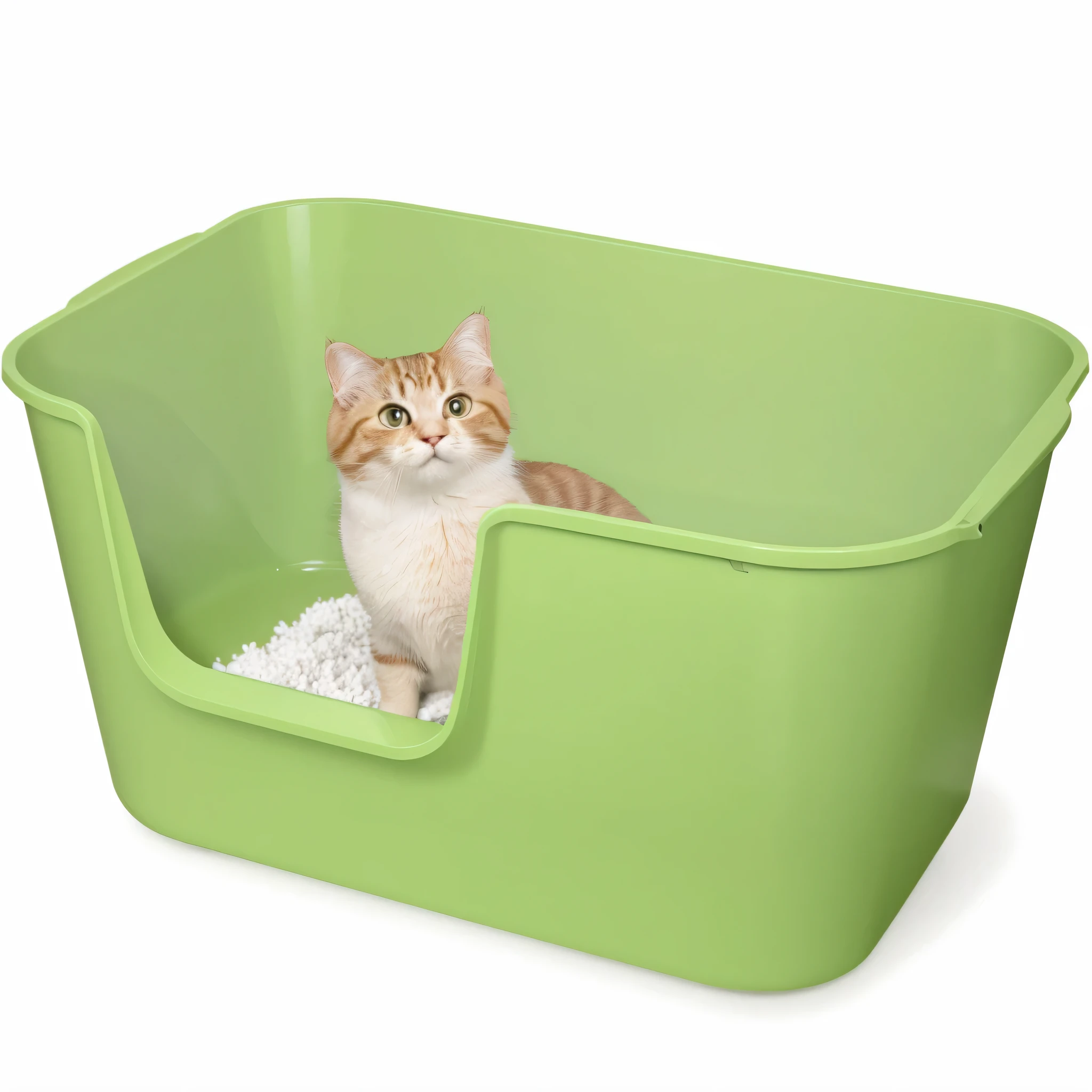 there is a cat sitting in a on a white surface, Cute cat in cat litter box, a big one, cat photos, , on white background, there is nothing, Small size, Still images, bottom corner, High quality pictures, super quality, the photo shows a big one, cat litter box,product picture,Sense of luxury,Real feeling