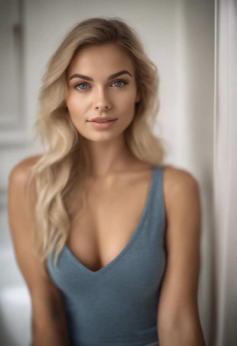 blonde woman with matching tank top and skirt posing in a bathroom, fille sexy aux yeux bleus, Portrait Sophie Mudd, blur background, best quality, 1girl, Portrait de Corinna Kopf, cheveux blonds et grands yeux, selfie of a young woman, ohne Maquillage, maquillage naturel, Look directly into the camera, Visage avec Artgram, dezentes Maquillage, Superbe photo du corps entier, dans la chambre, Gros seins, Blonde, latina
